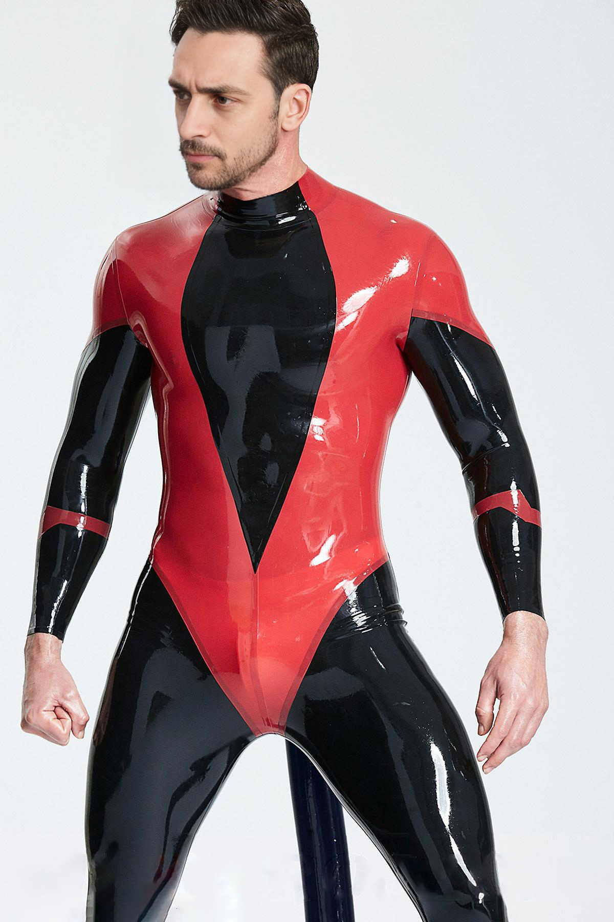 Latex Men’s Catsuit with Deep V Front Panel and Inflatable Arrow Tail – Red and Black