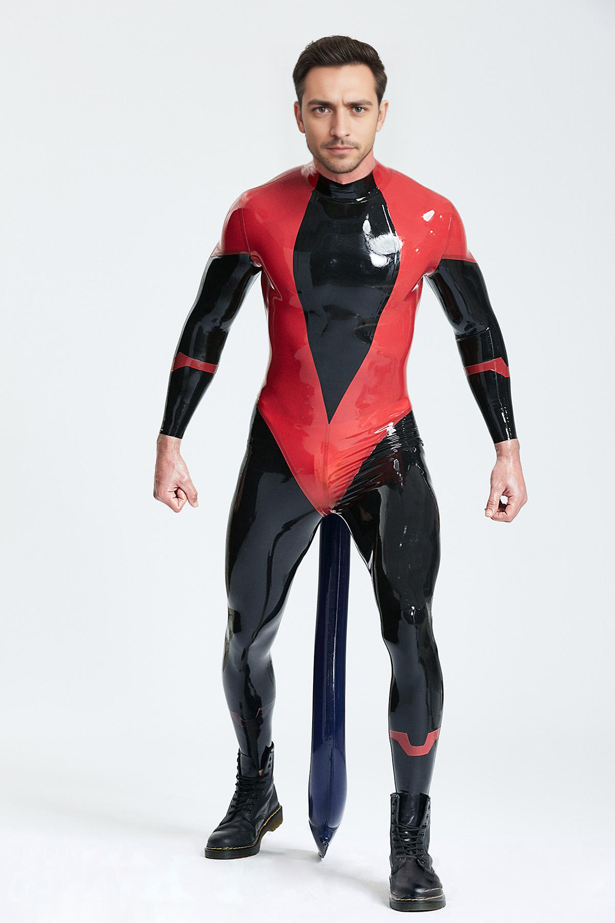 Latex Men’s Catsuit with Deep V Front Panel and Inflatable Arrow Tail – Red and Black