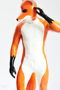 Latex Men’s Fox Play Catsuit with Inflatable Tail and Shoulder Zippers – Sunset, White and Black