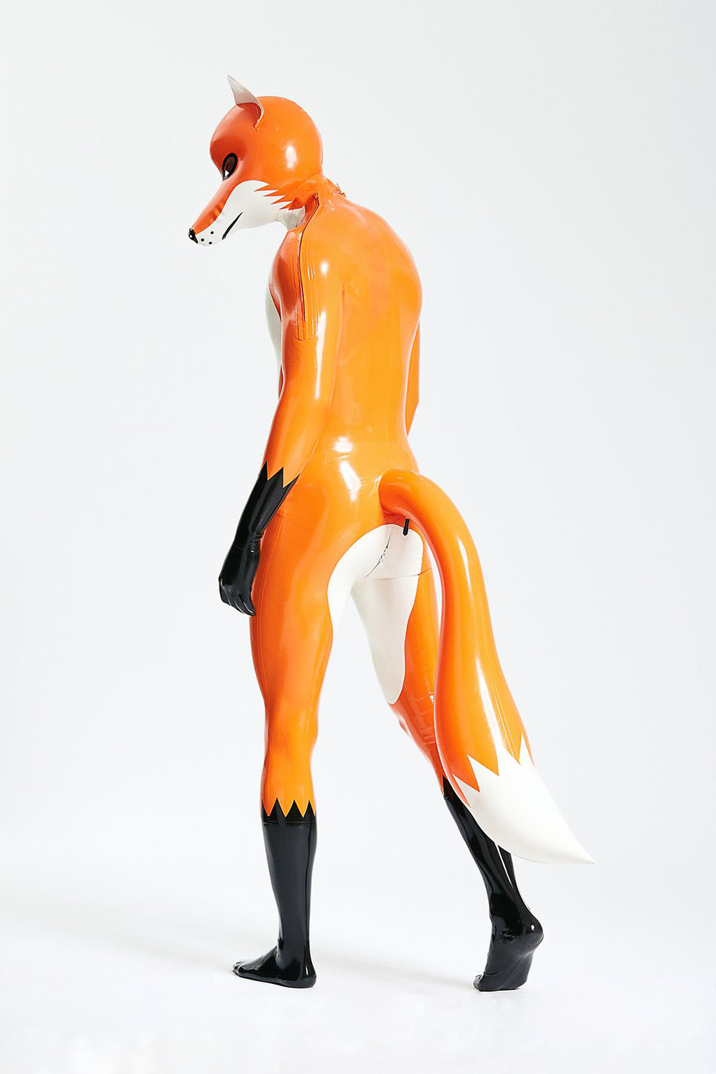 Latex Men’s Fox Play Catsuit with Inflatable Tail and Shoulder Zippers – Sunset, White and Black