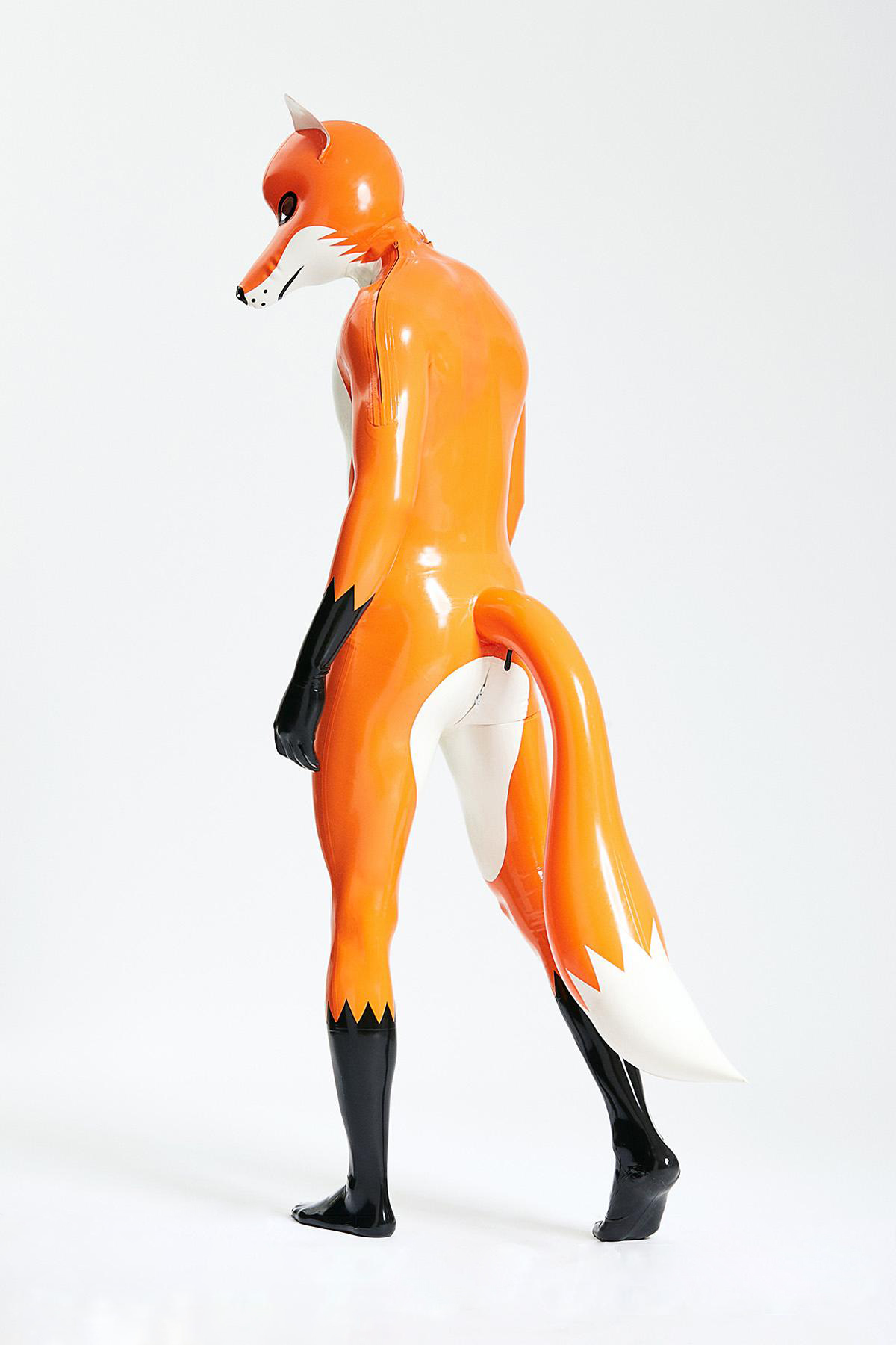 Latex Men’s Fox Play Catsuit with Inflatable Tail and Shoulder Zippers – Sunset, White and Black