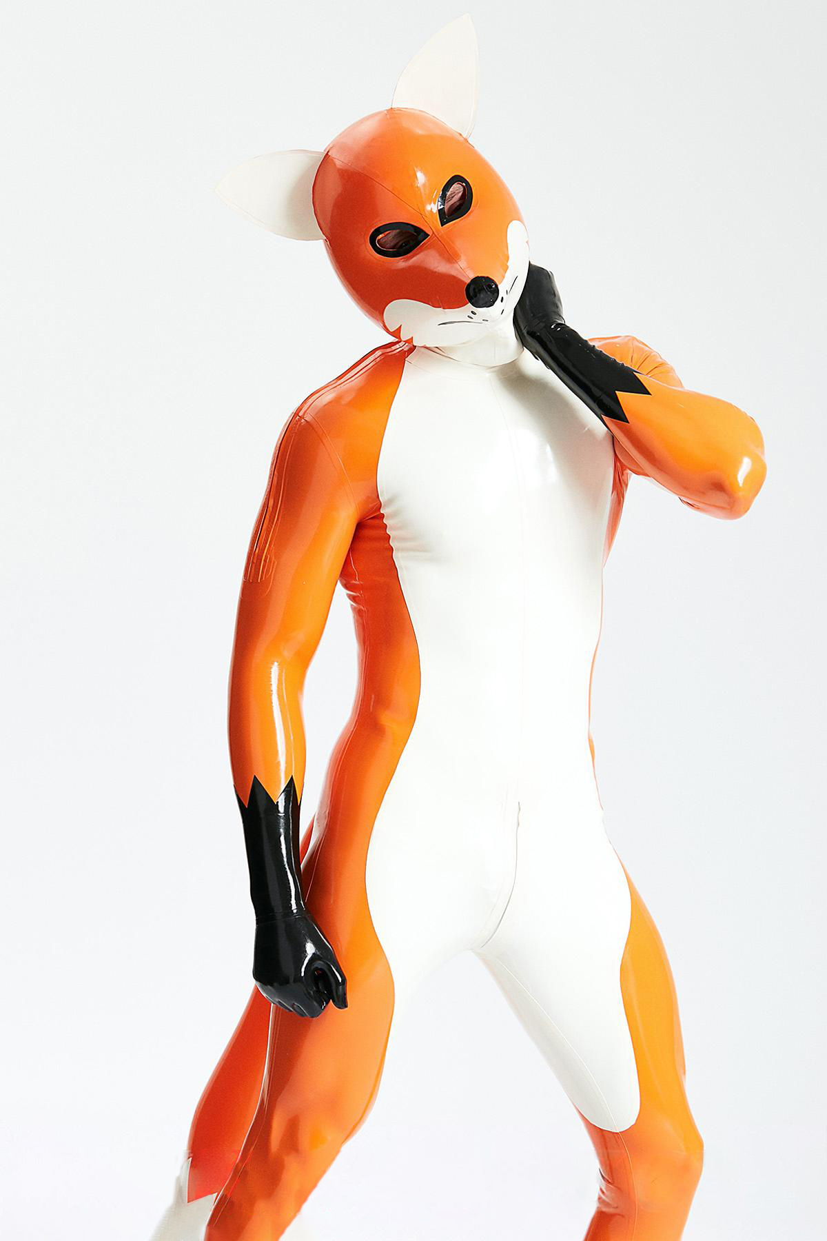 Latex Men’s Fox Play Catsuit with Inflatable Tail and Shoulder Zippers – Sunset, White and Black