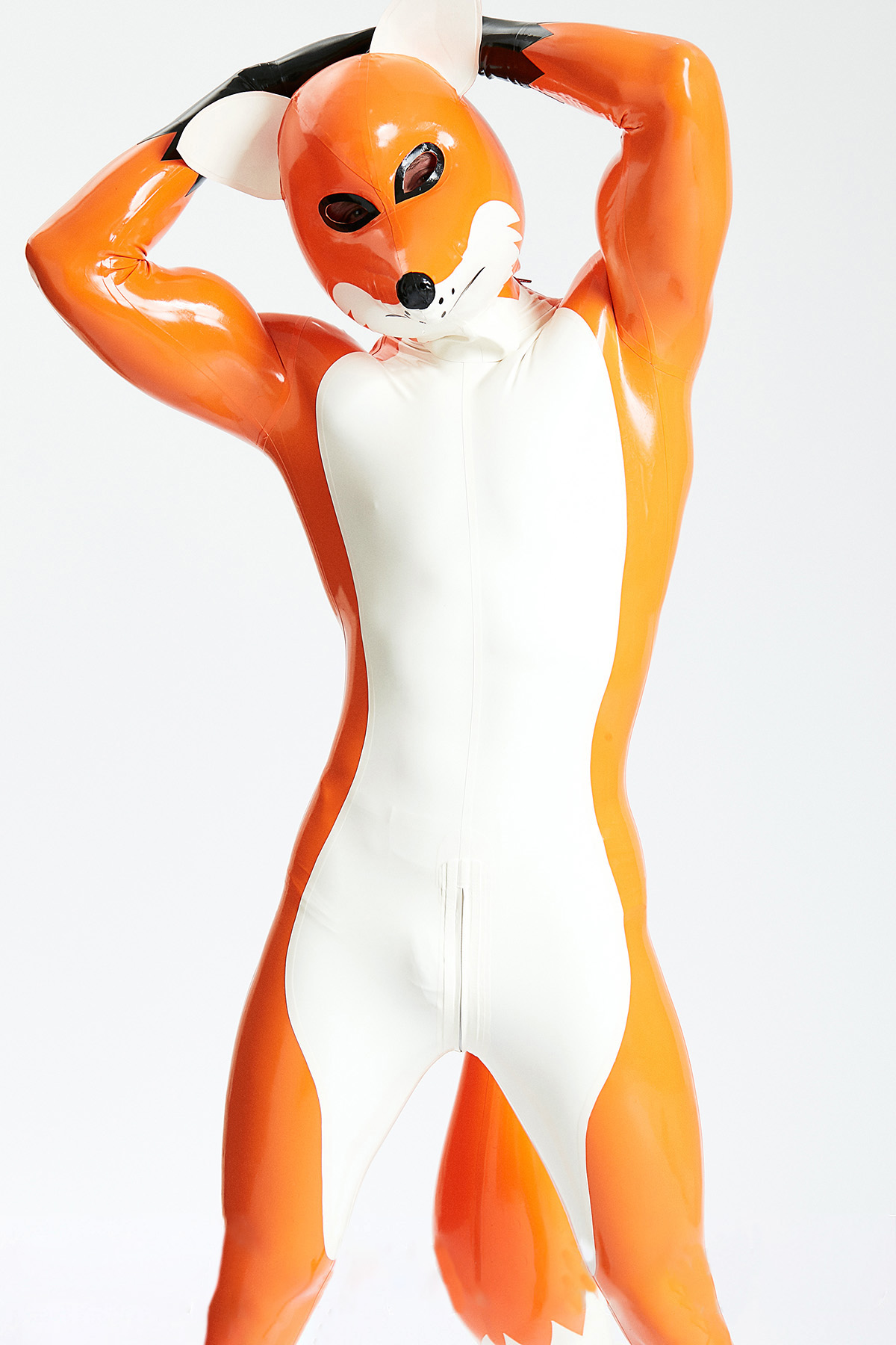 Latex Men’s Fox Play Catsuit with Inflatable Tail and Shoulder Zippers – Sunset, White and Black