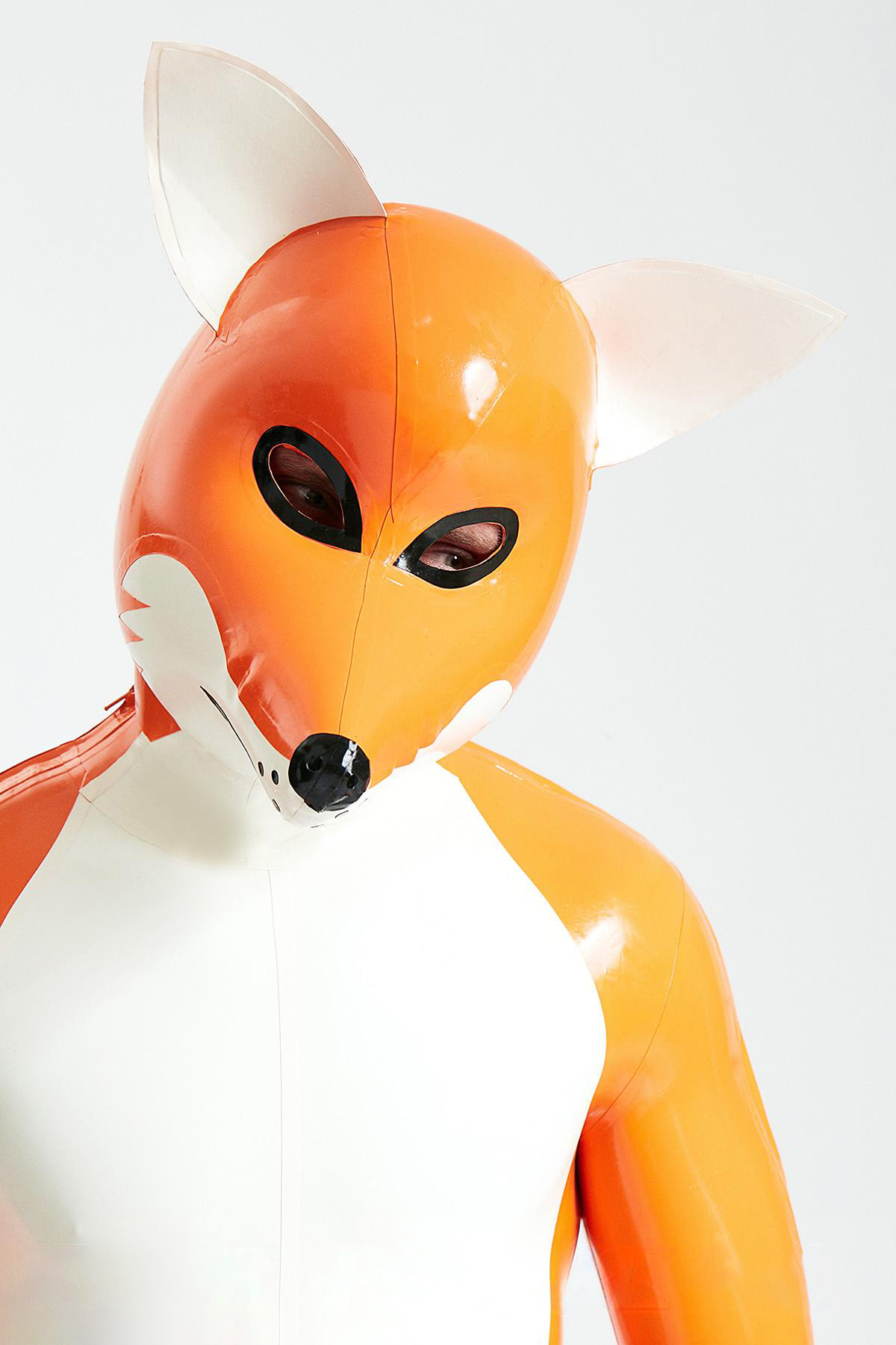 Latex Men’s Fox Play Catsuit with Inflatable Tail and Shoulder Zippers – Sunset, White and Black