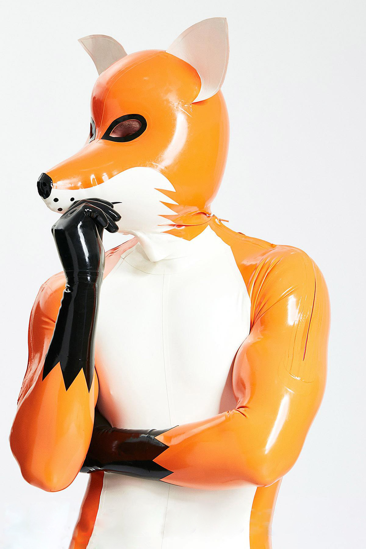 Latex Men’s Fox Play Catsuit with Inflatable Tail and Shoulder Zippers – Sunset, White and Black
