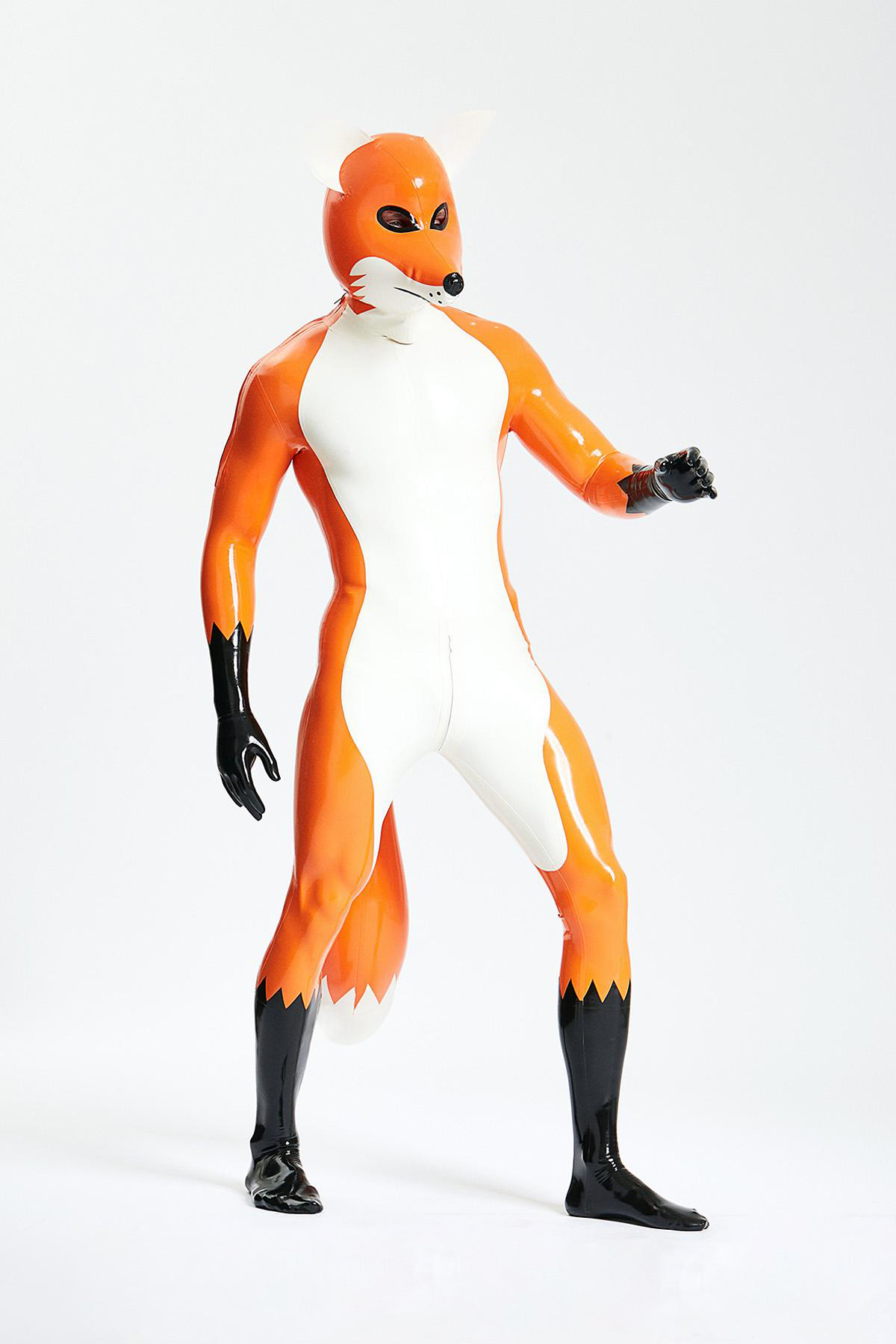 Latex Men’s Fox Play Catsuit with Inflatable Tail and Shoulder Zippers – Sunset, White and Black
