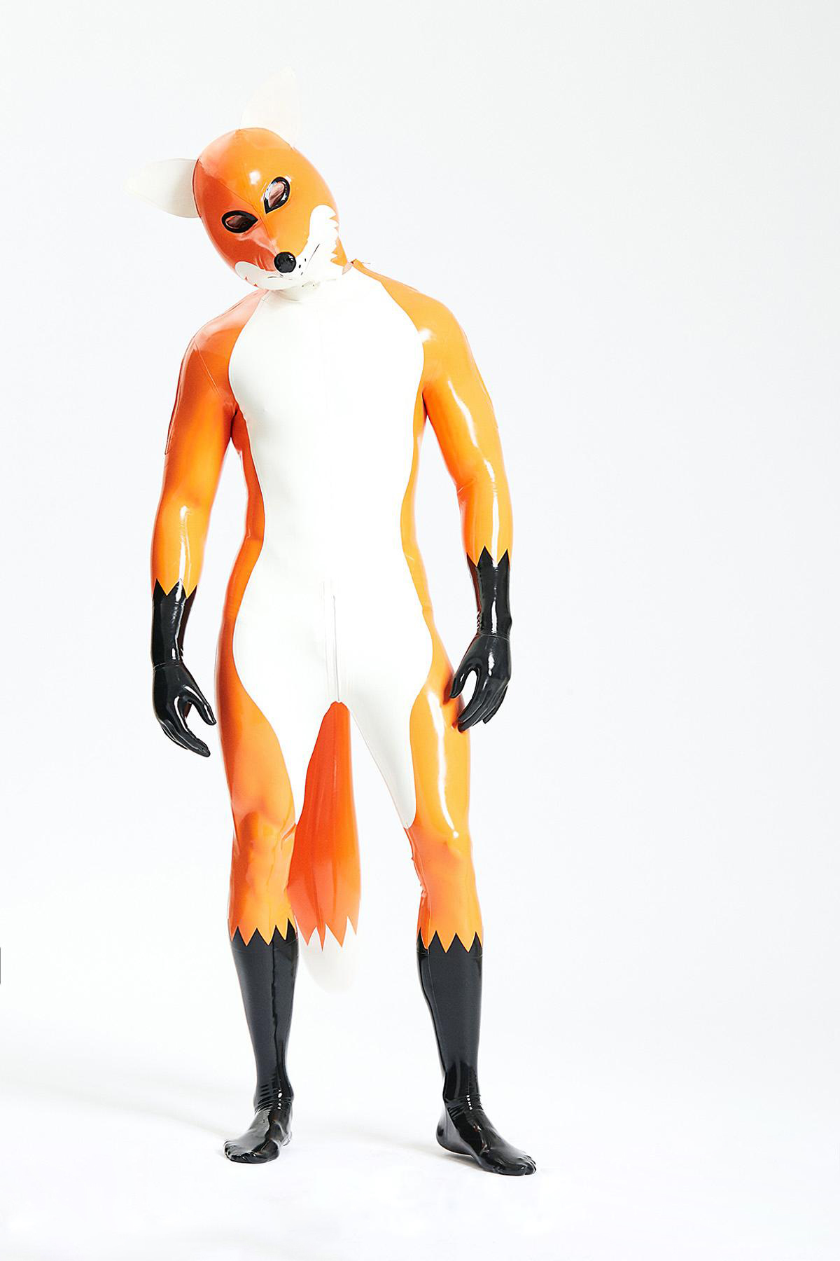 Latex Men’s Fox Play Catsuit with Inflatable Tail and Shoulder Zippers – Sunset, White and Black