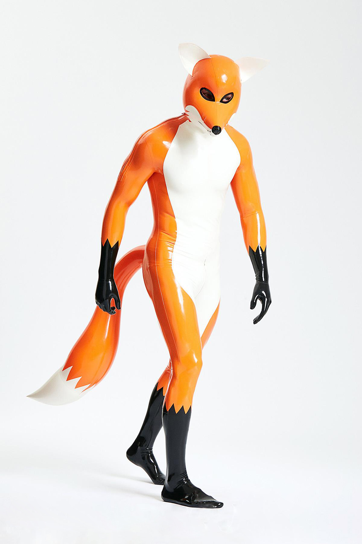Latex Men’s Fox Play Catsuit with Inflatable Tail and Shoulder Zippers – Sunset, White and Black