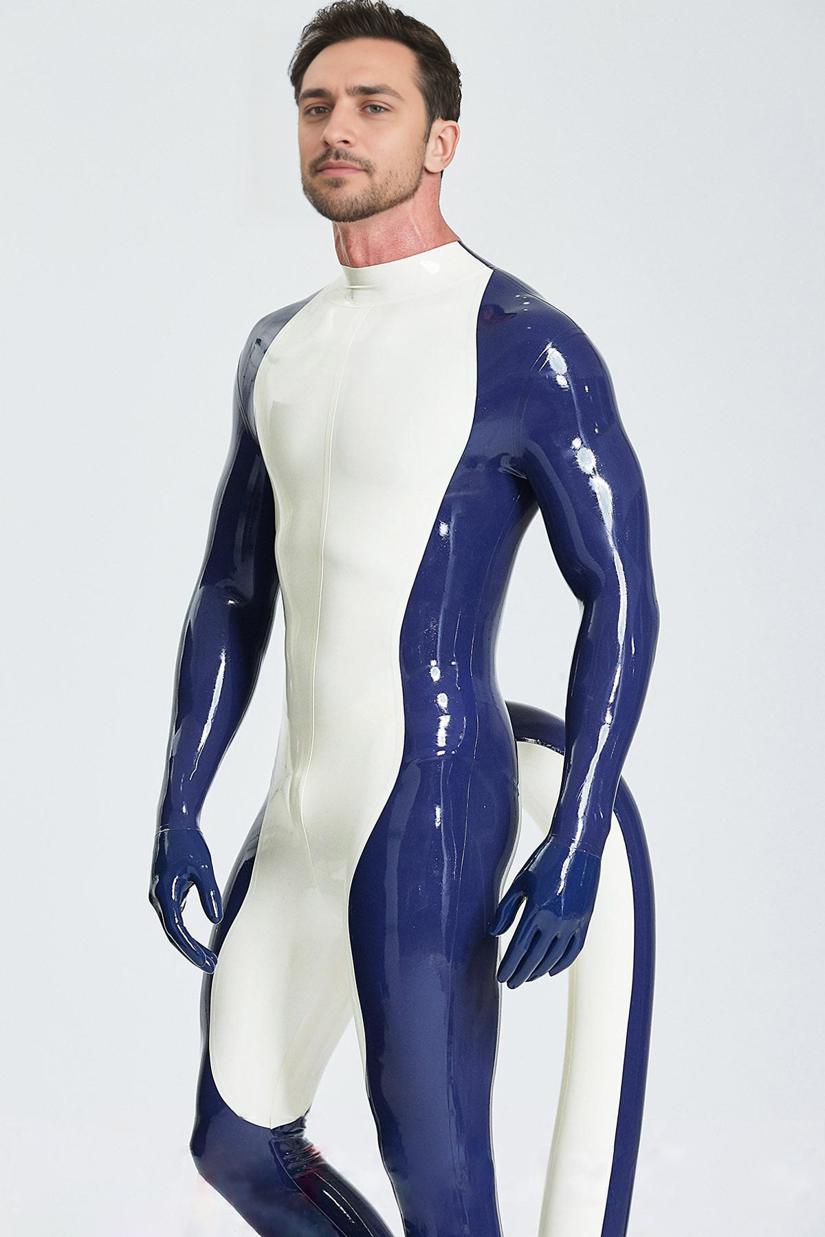 Latex Men’s Catsuit with Inflatable Tail, Gloves and Feet – Sapphire and White