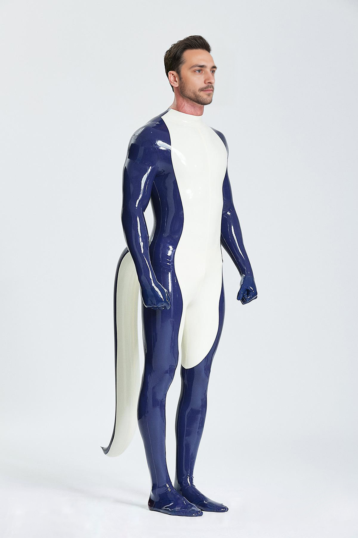 Latex Men’s Catsuit with Inflatable Tail, Gloves and Feet – Sapphire and White