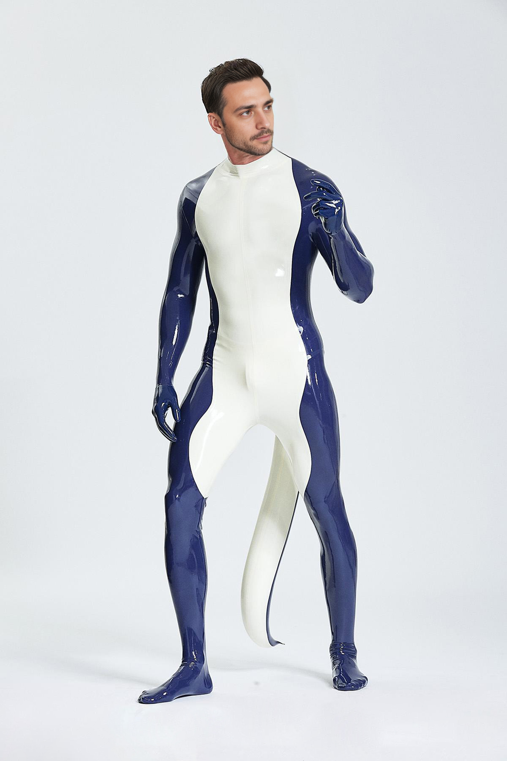 Latex Men’s Catsuit with Inflatable Tail, Gloves and Feet – Sapphire and White