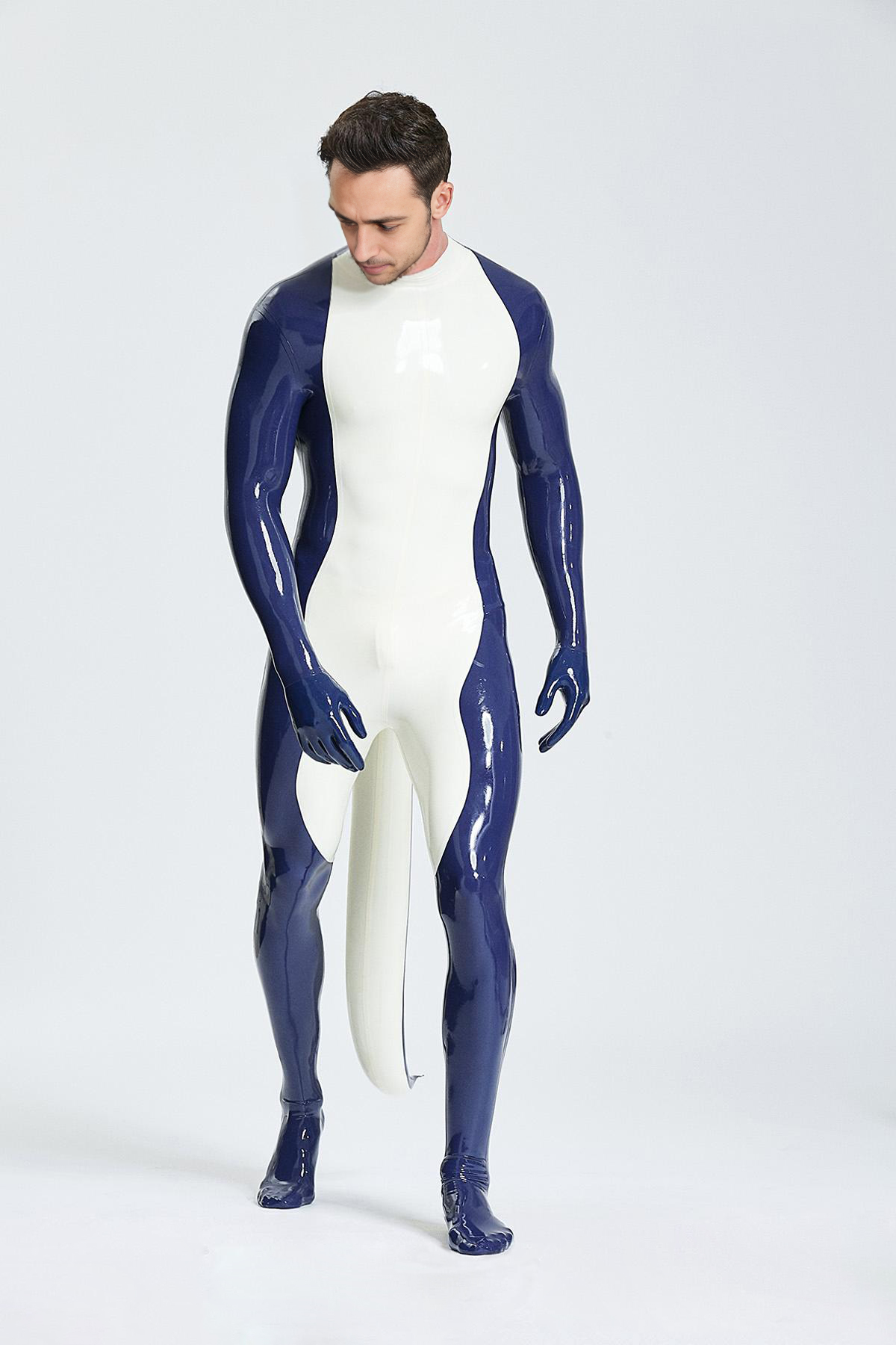 Latex Men’s Catsuit with Inflatable Tail, Gloves and Feet – Sapphire and White