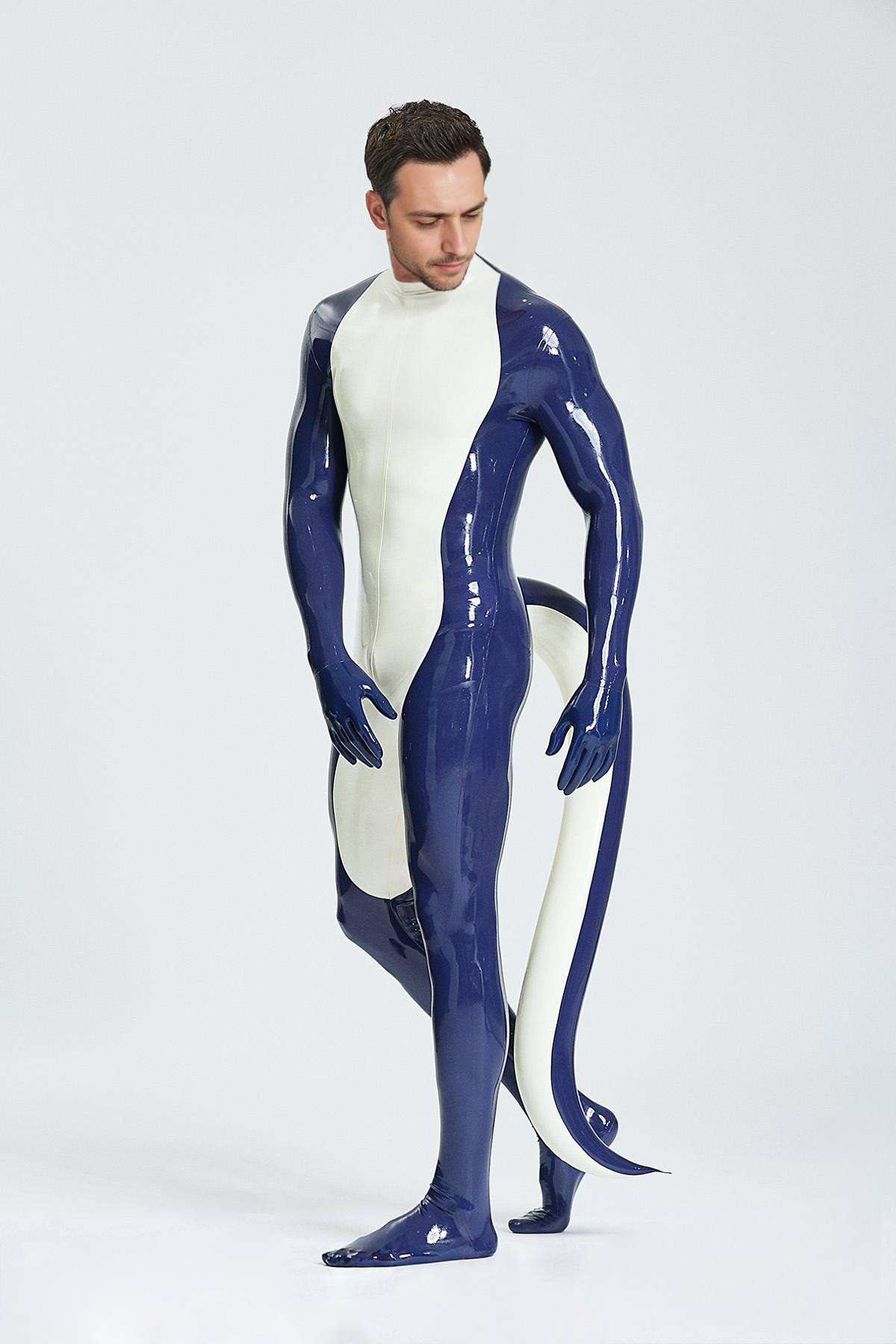 Latex Men’s Catsuit with Inflatable Tail, Gloves and Feet – Sapphire and White