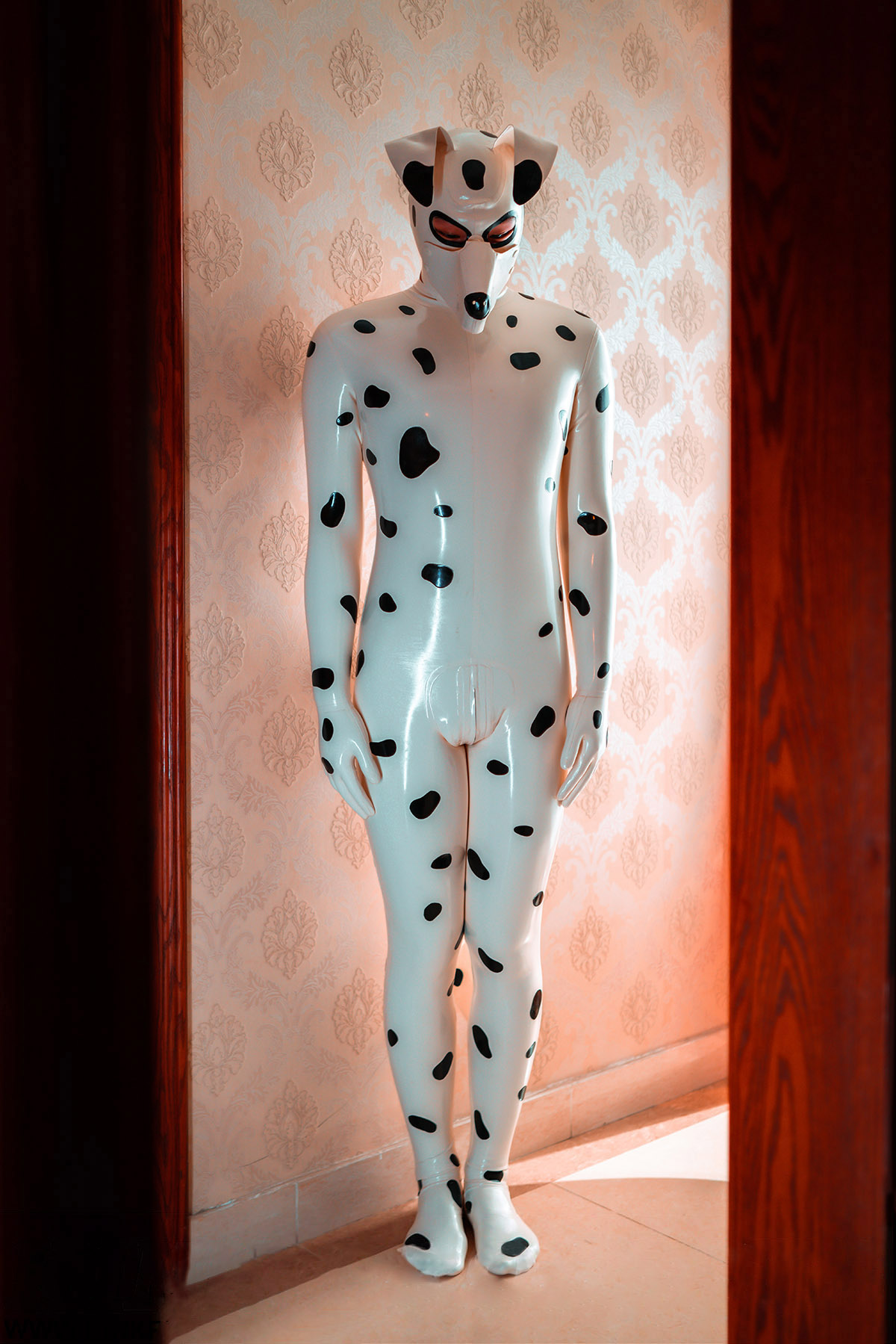 Latex Men’s Dalmatian Pup Play Catsuit with Inflatable Tail – White and Black