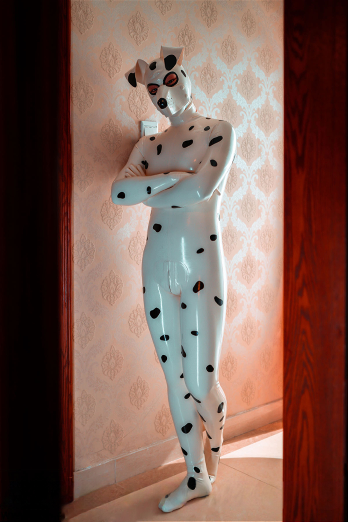 Latex Men’s Dalmatian Pup Play Catsuit with Inflatable Tail – White and Black