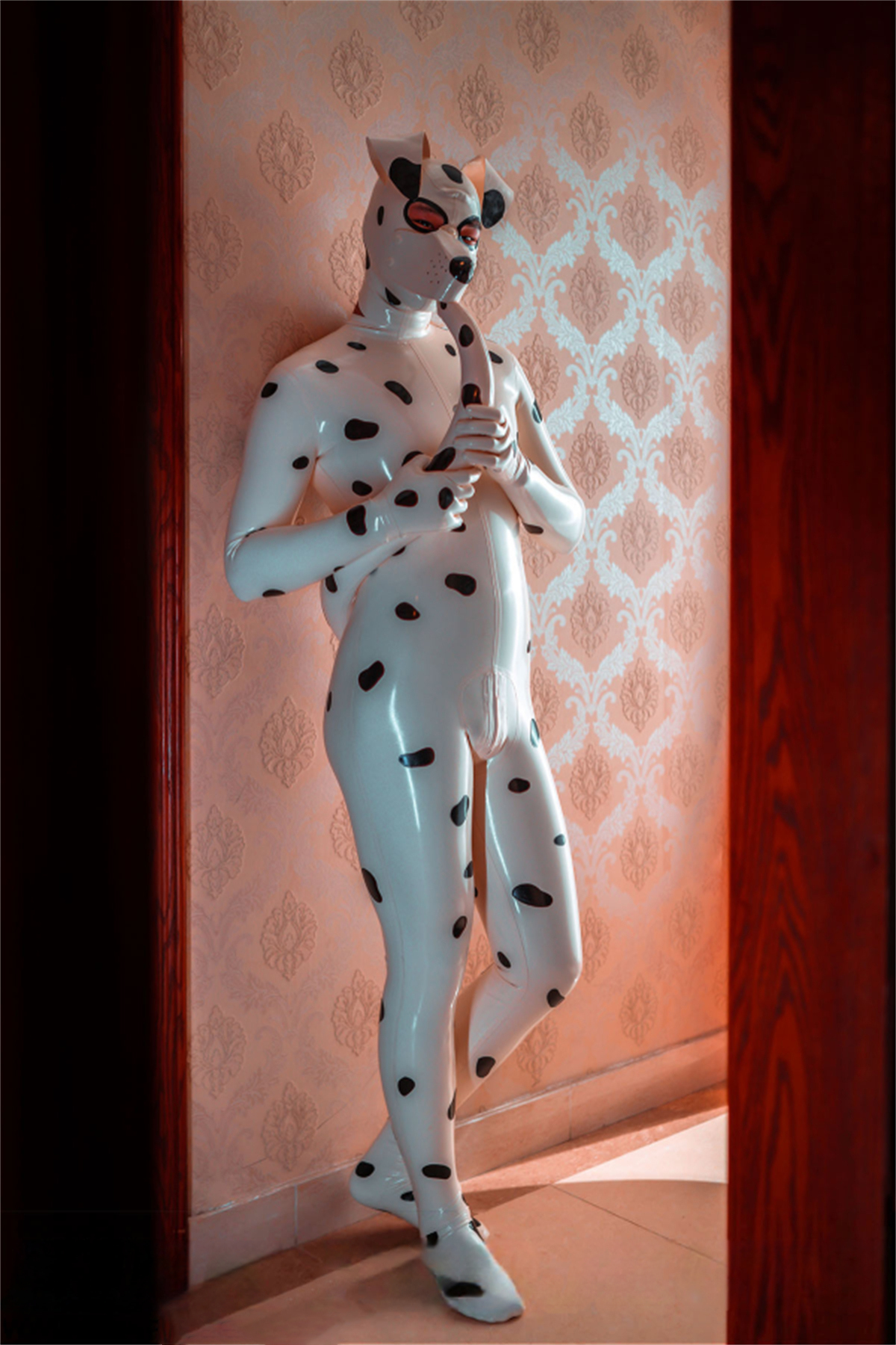 Latex Men’s Dalmatian Pup Play Catsuit with Inflatable Tail – White and Black