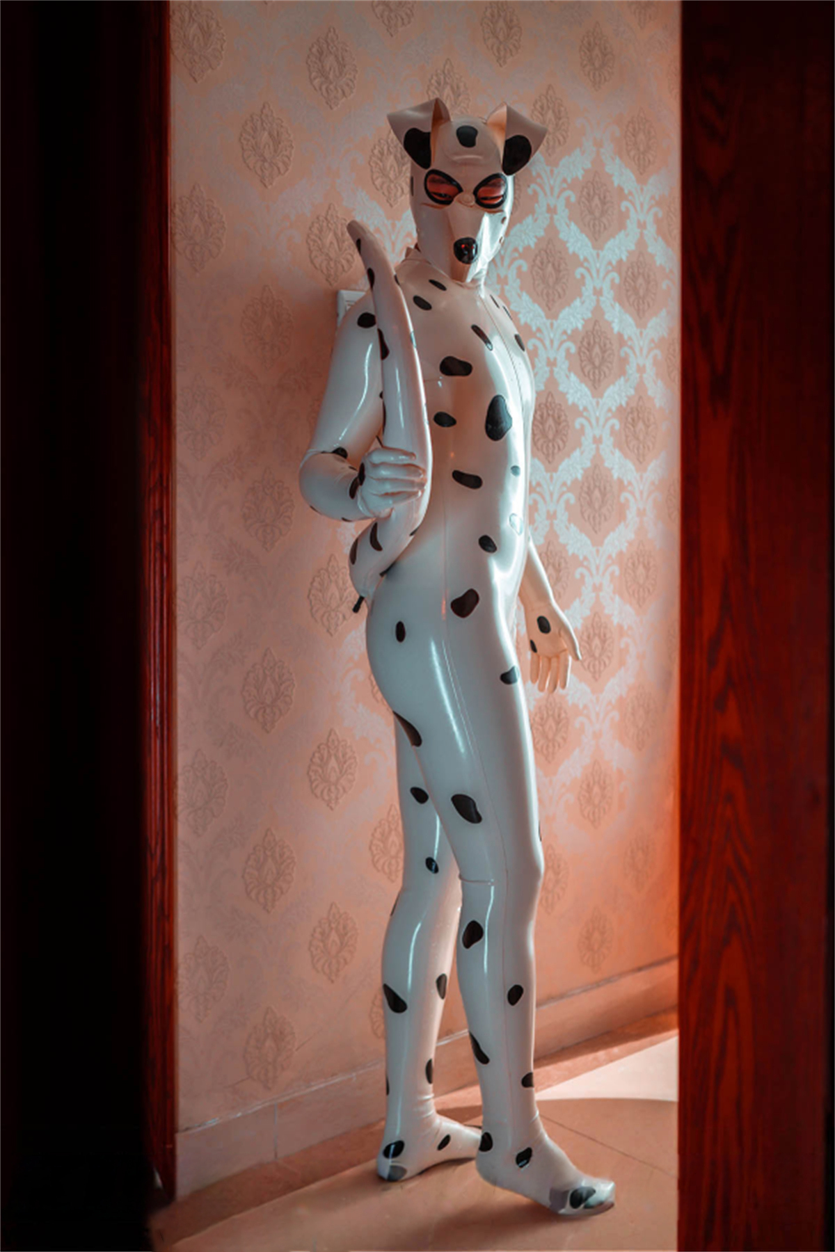 Latex Men’s Dalmatian Pup Play Catsuit with Inflatable Tail – White and Black