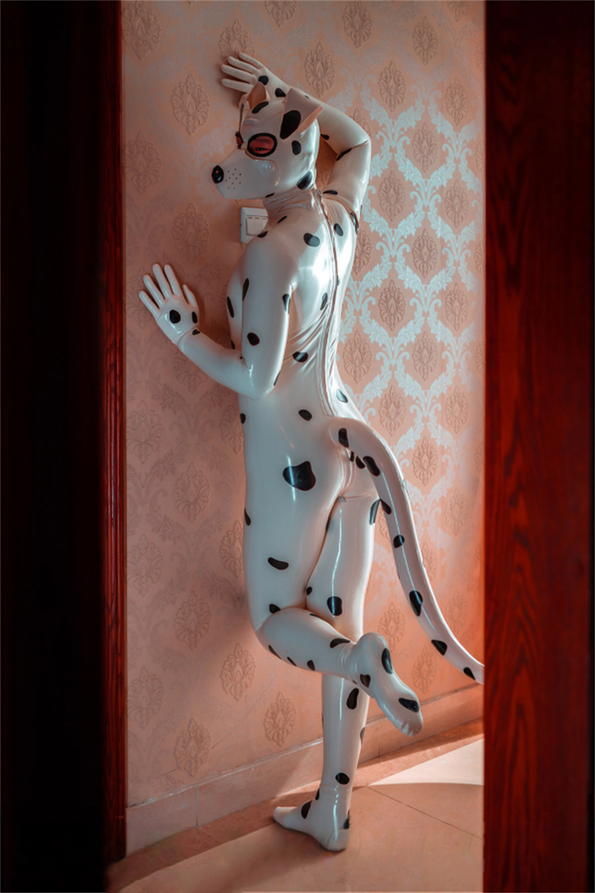 Latex Men’s Dalmatian Pup Play Catsuit with Inflatable Tail – White and Black