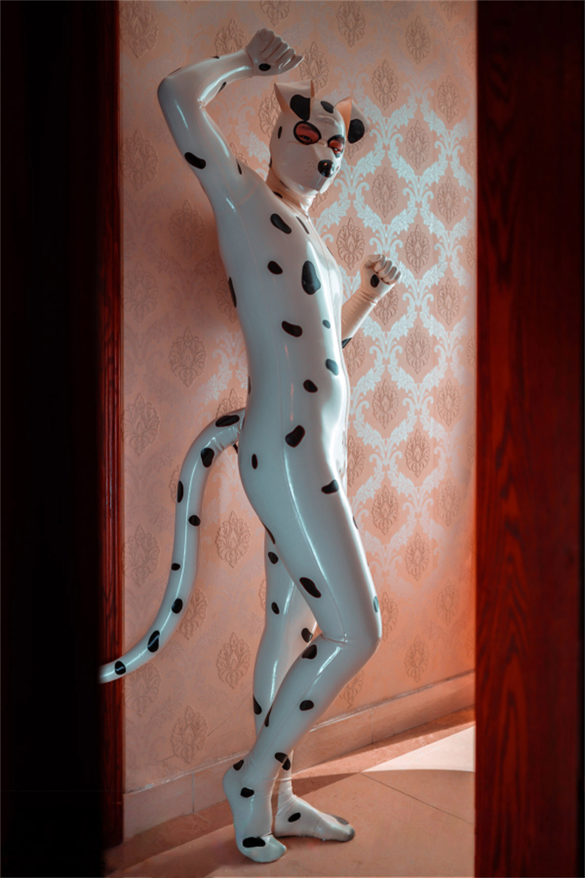 Latex Men’s Dalmatian Pup Play Catsuit with Inflatable Tail – White and Black