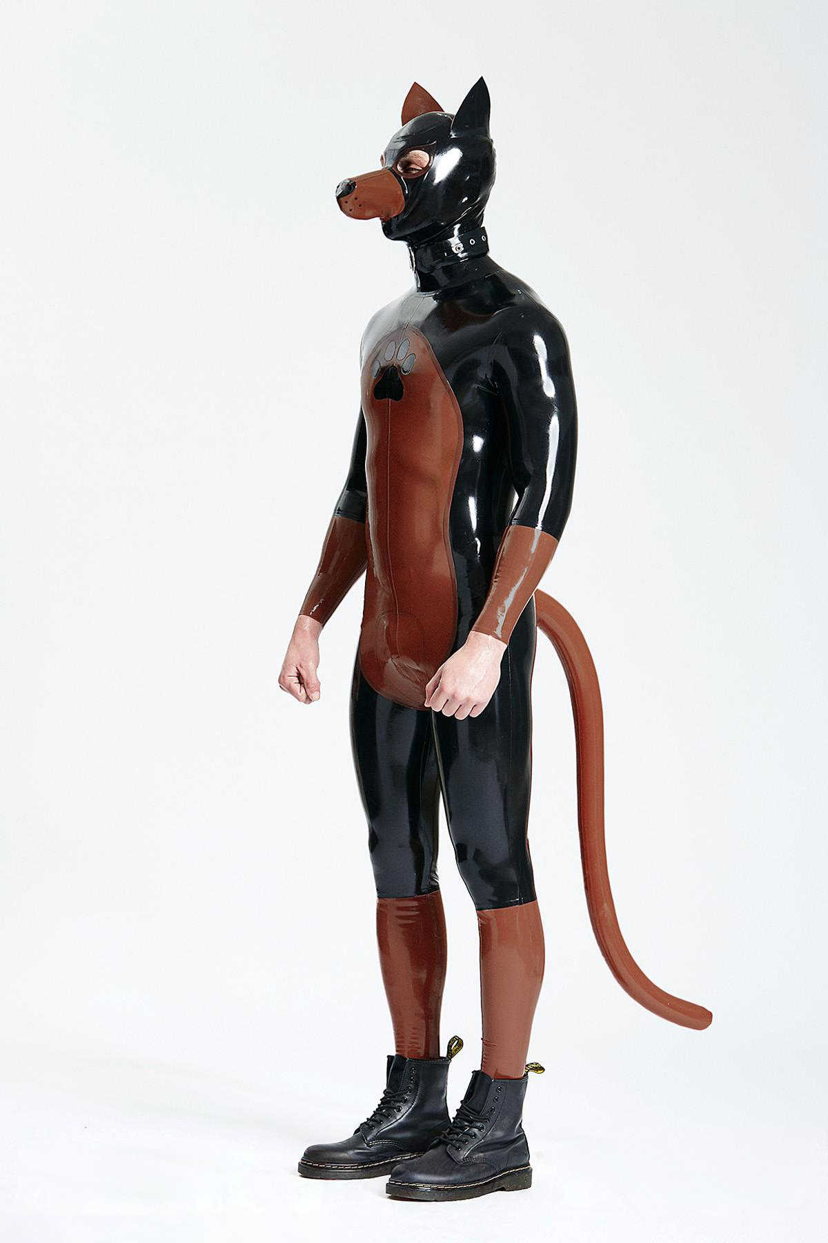 Latex Men’s Pup Play Suit with Inflatable Tail – Chocolate and Black
