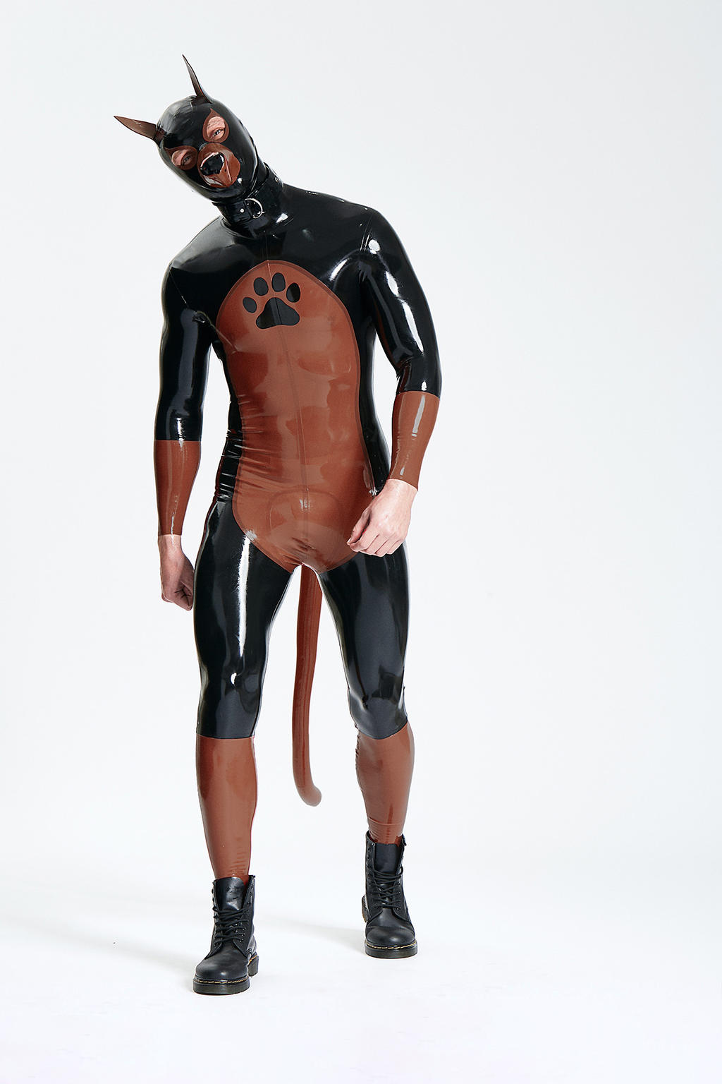 Latex Men’s Pup Play Suit with Inflatable Tail – Chocolate and Black