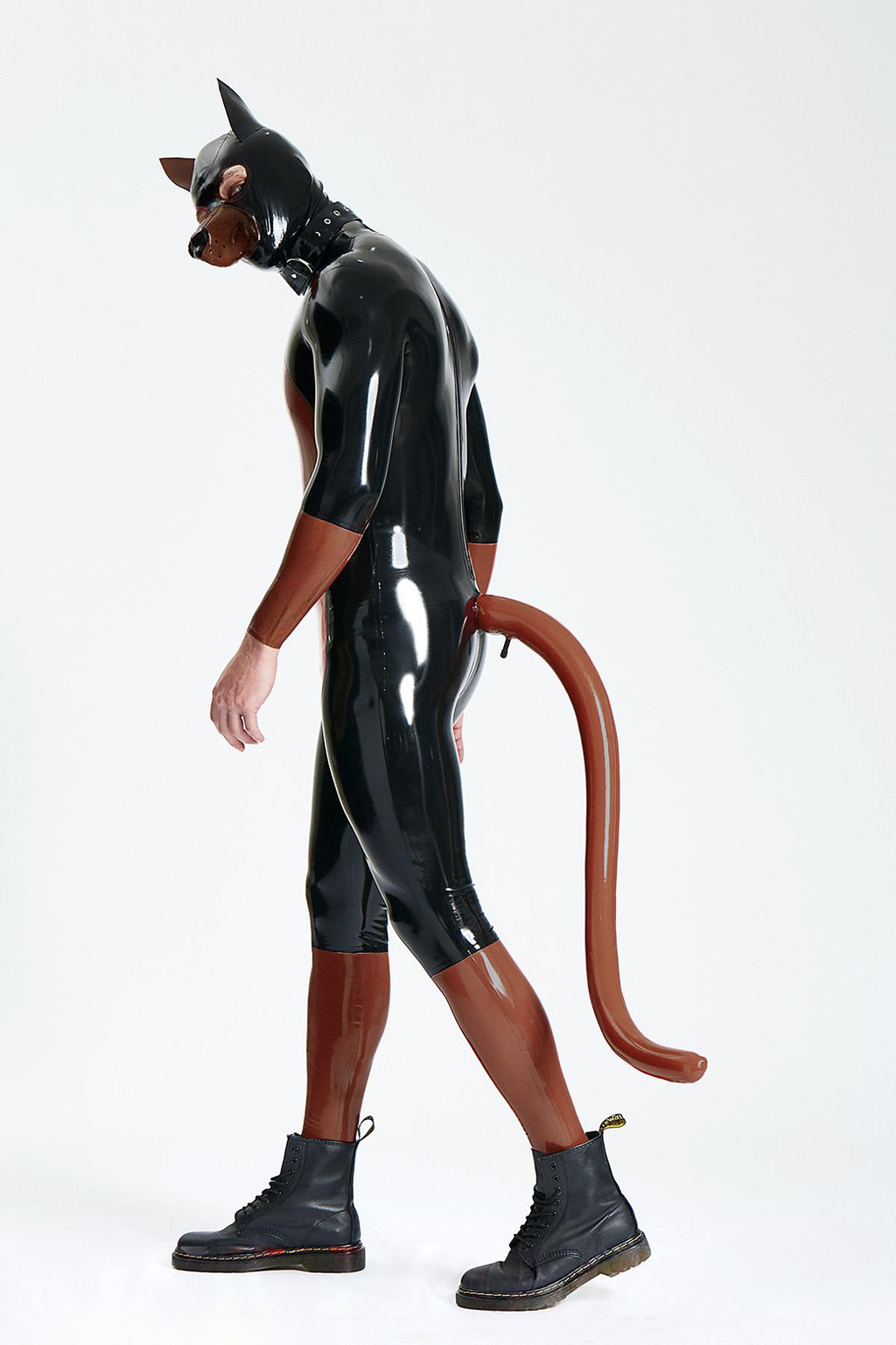 Latex Men’s Pup Play Suit with Inflatable Tail – Chocolate and Black