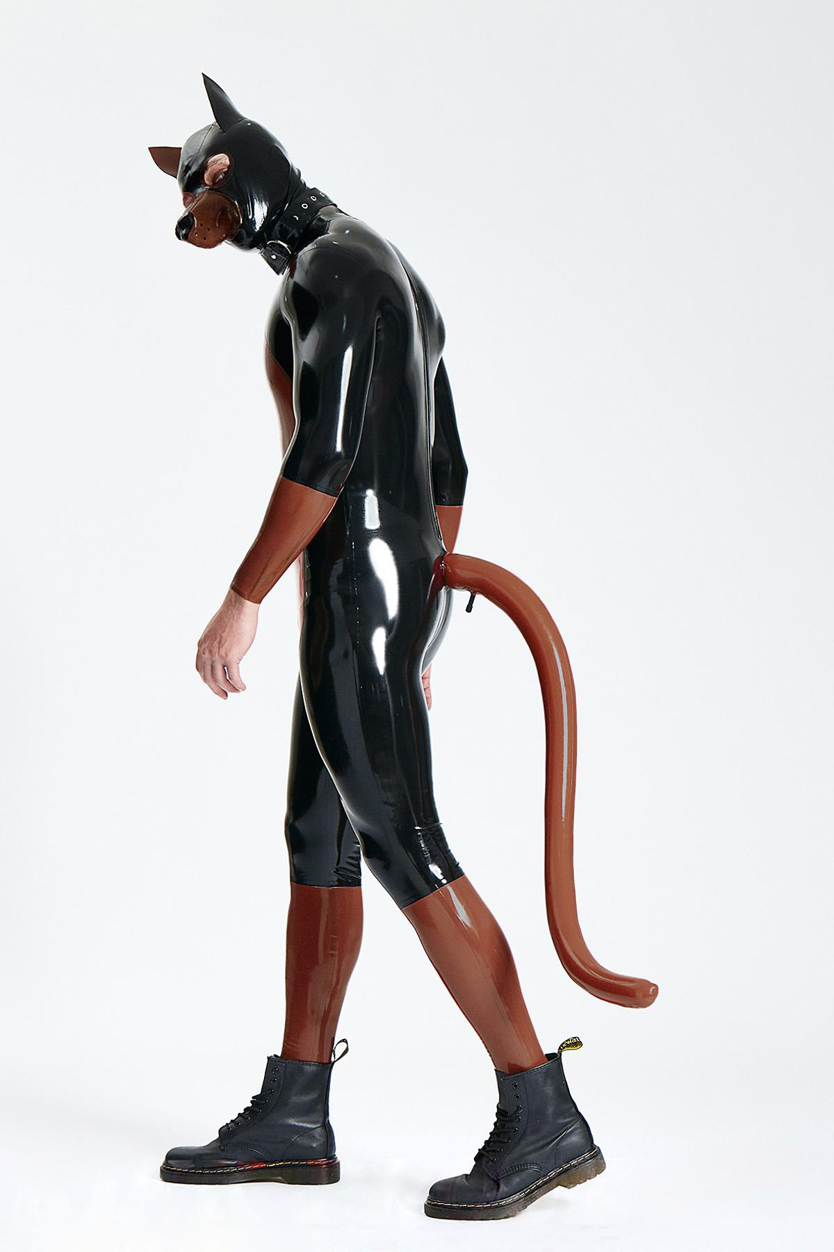Latex Men’s Pup Play Suit with Inflatable Tail – Chocolate and Black