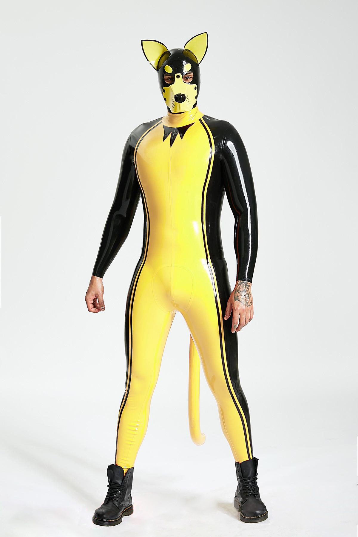 Latex Men’s Pup Play Catsuit with Inflatable Tail – Yellow and Black