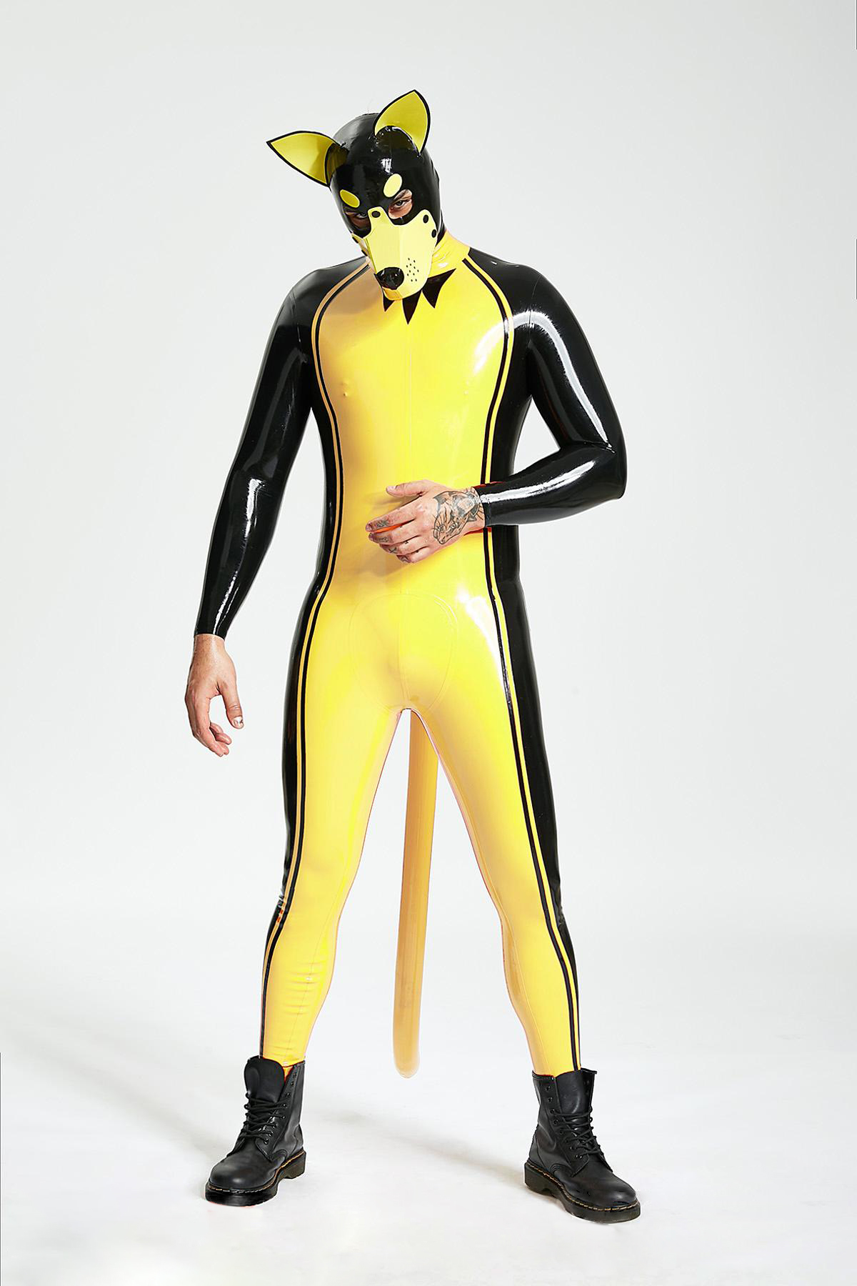 Latex Men’s Pup Play Catsuit with Inflatable Tail – Yellow and Black