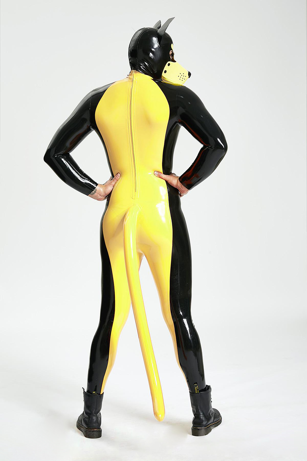 Latex Men’s Pup Play Catsuit with Inflatable Tail – Yellow and Black