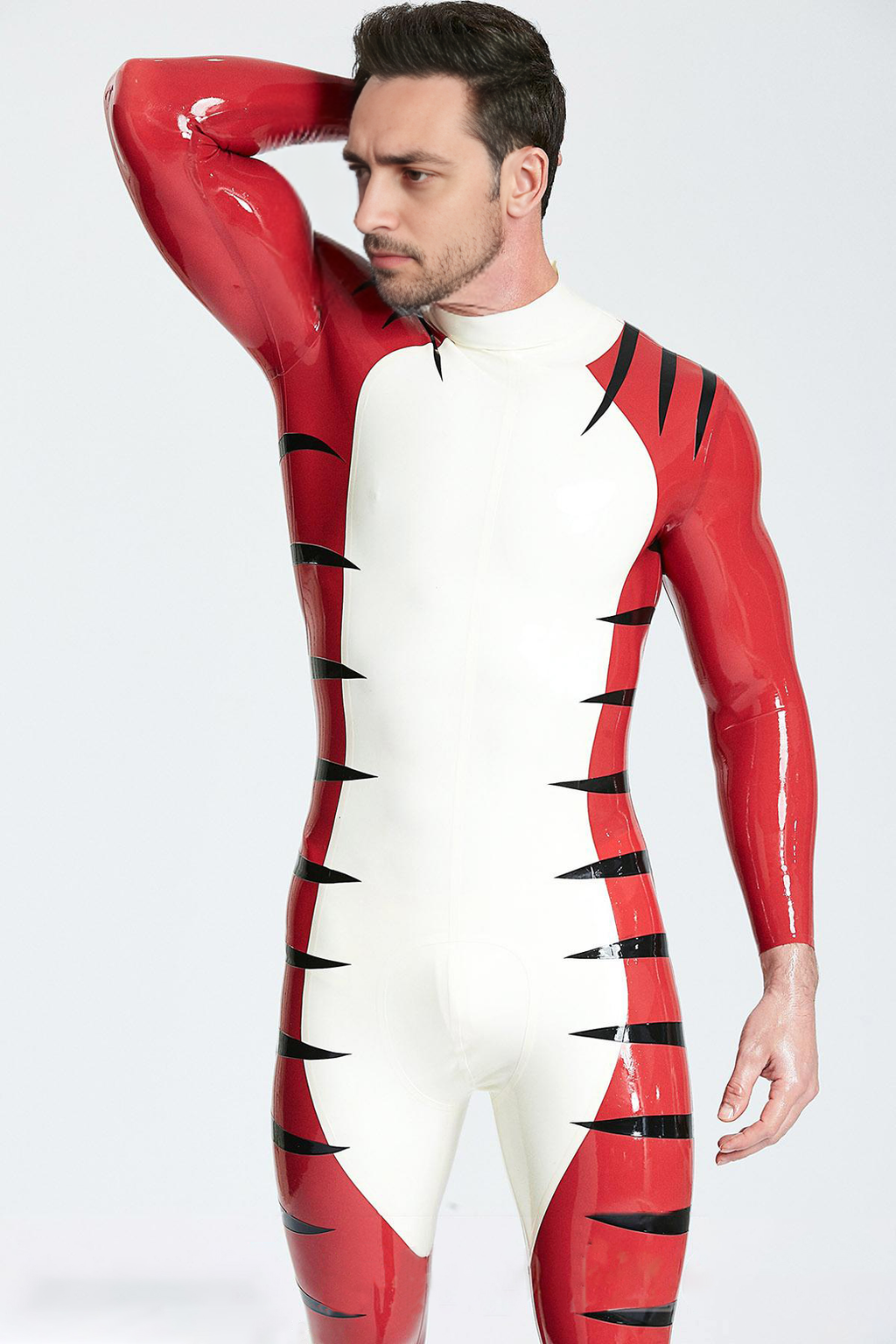 Latex Men’s Catsuit with Tiger Stripe Detail – White, Red and Black