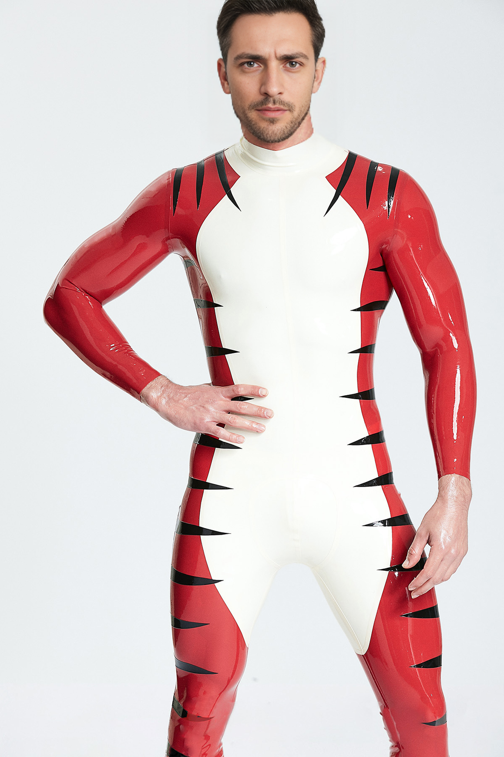 Latex Men’s Catsuit with Tiger Stripe Detail – White, Red and Black