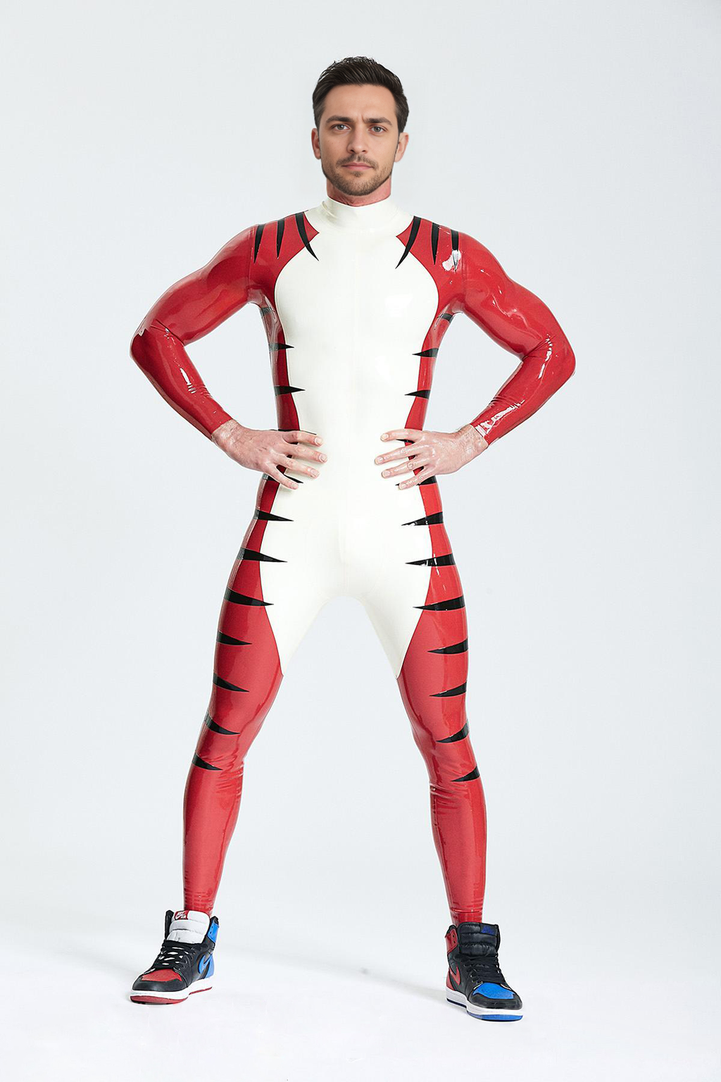 Latex Men’s Catsuit with Tiger Stripe Detail – White, Red and Black