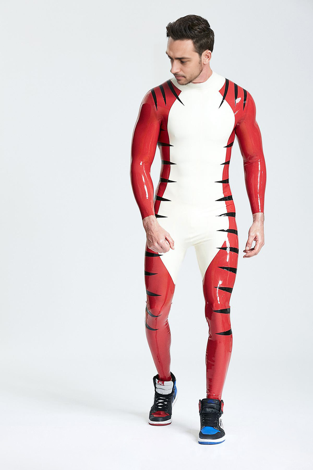 Latex Men’s Catsuit with Tiger Stripe Detail – White, Red and Black