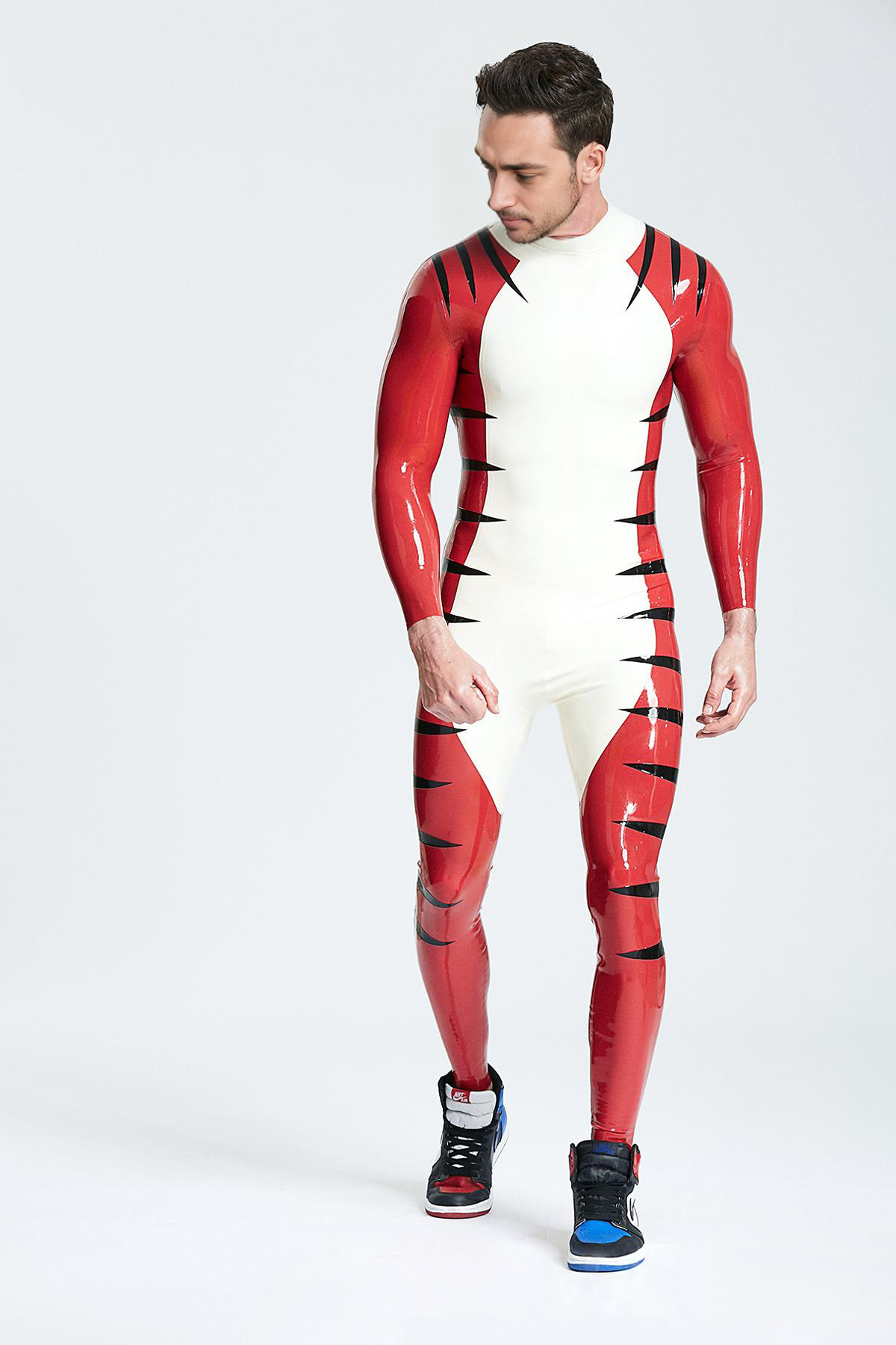 Latex Men’s Catsuit with Tiger Stripe Detail – White, Red and Black