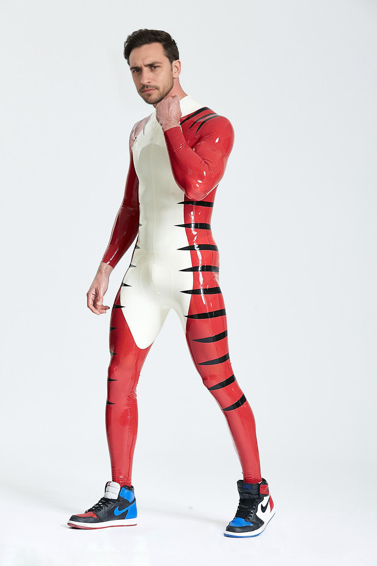 Latex Men’s Catsuit with Tiger Stripe Detail – White, Red and Black