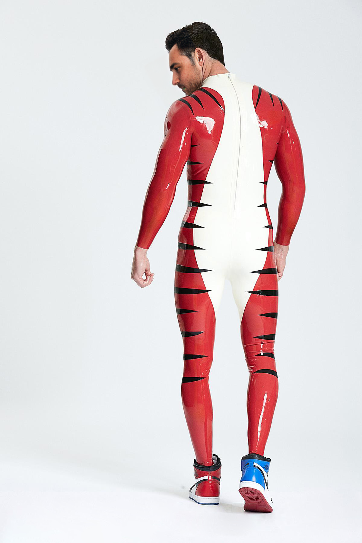Latex Men’s Catsuit with Tiger Stripe Detail – White, Red and Black