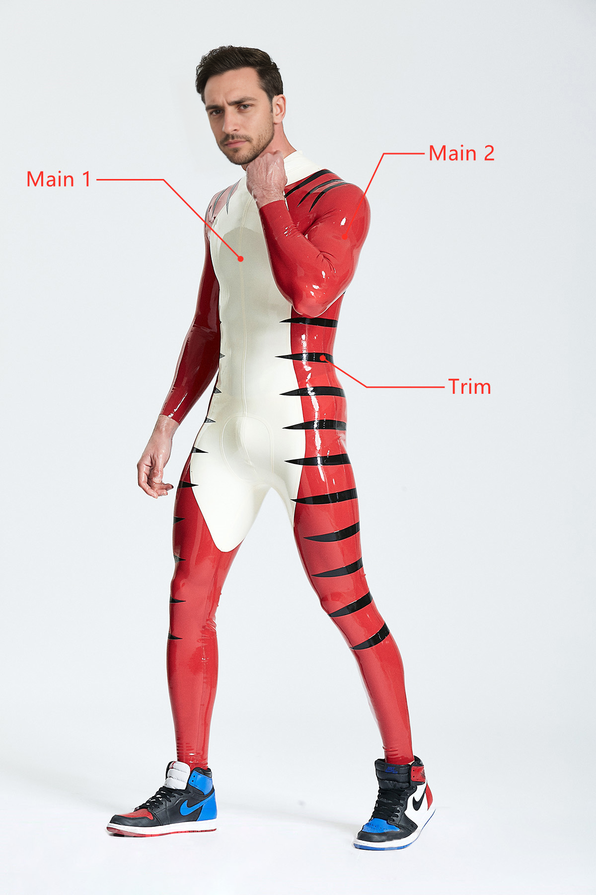 Latex Men’s Catsuit with Tiger Stripe Detail – White, Red and Black