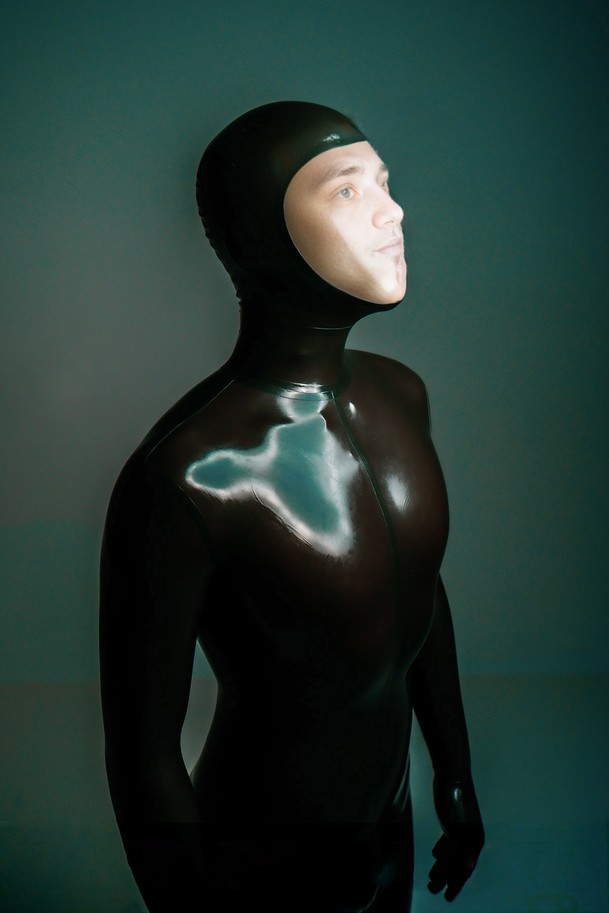 Latex Men’s Face-Entry Total Enclosure Catsuit with Attached Hood, Gloves and Feet – Metallic Pewter