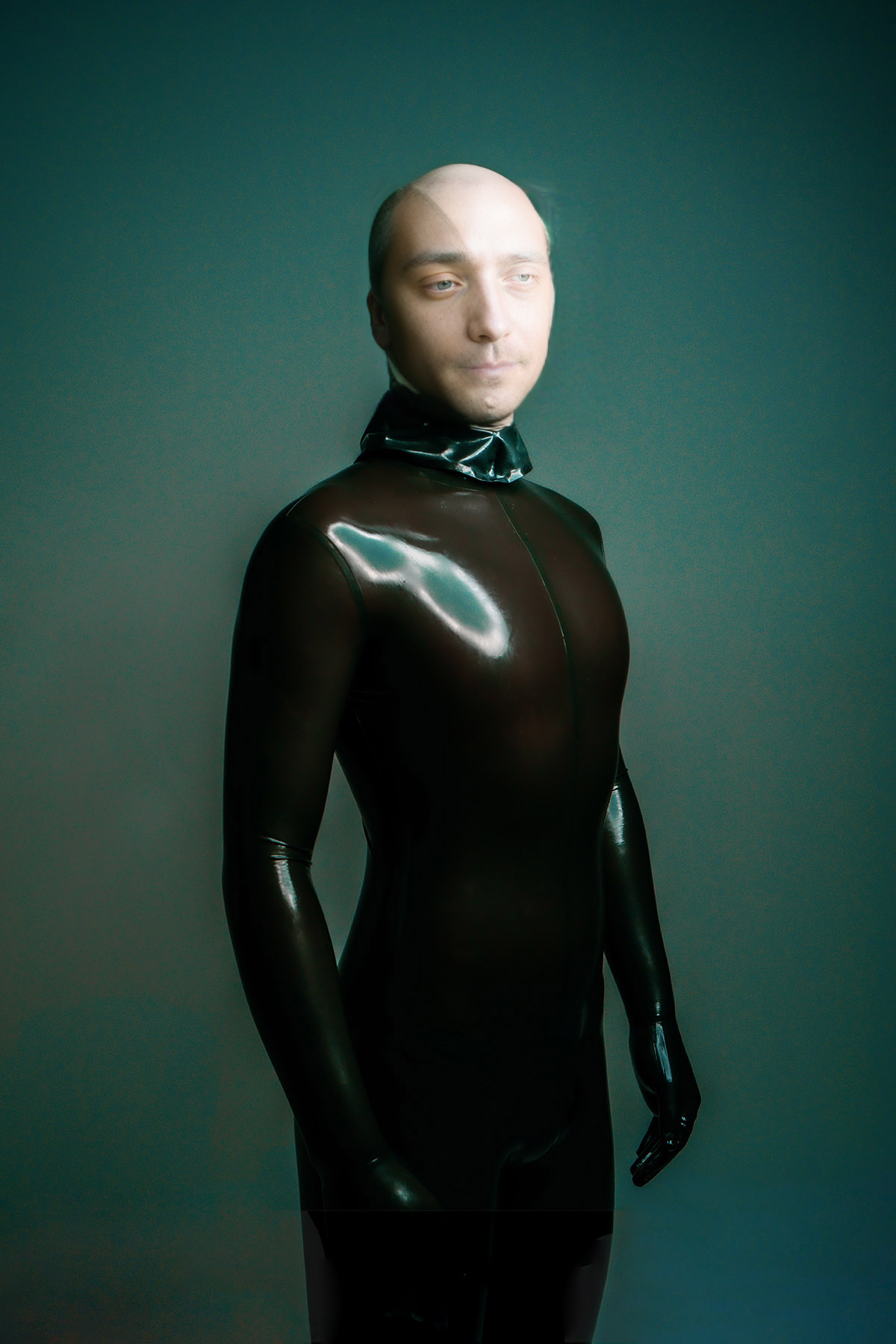 Latex Men’s Face-Entry Total Enclosure Catsuit with Attached Hood, Gloves and Feet – Metallic Pewter