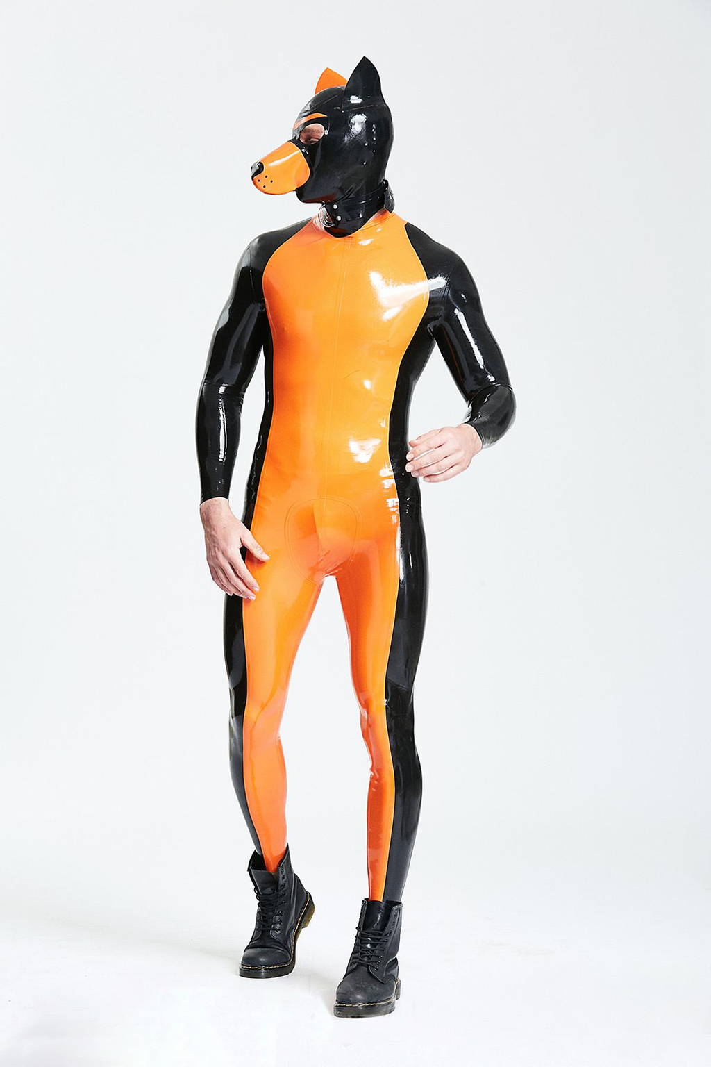 Latex Men’s Two-Colour Catsuit with Front Pouch and Mid-Height Collar – Orange and Black
