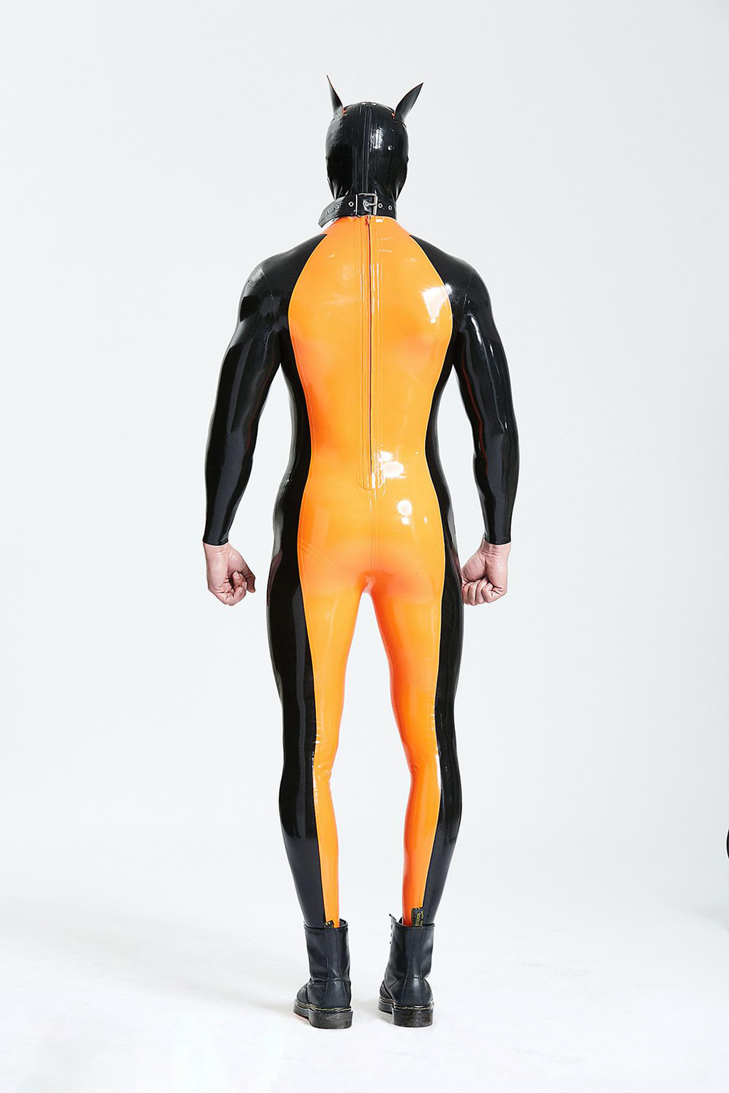 Latex Men’s Two-Colour Catsuit with Front Pouch and Mid-Height Collar – Orange and Black