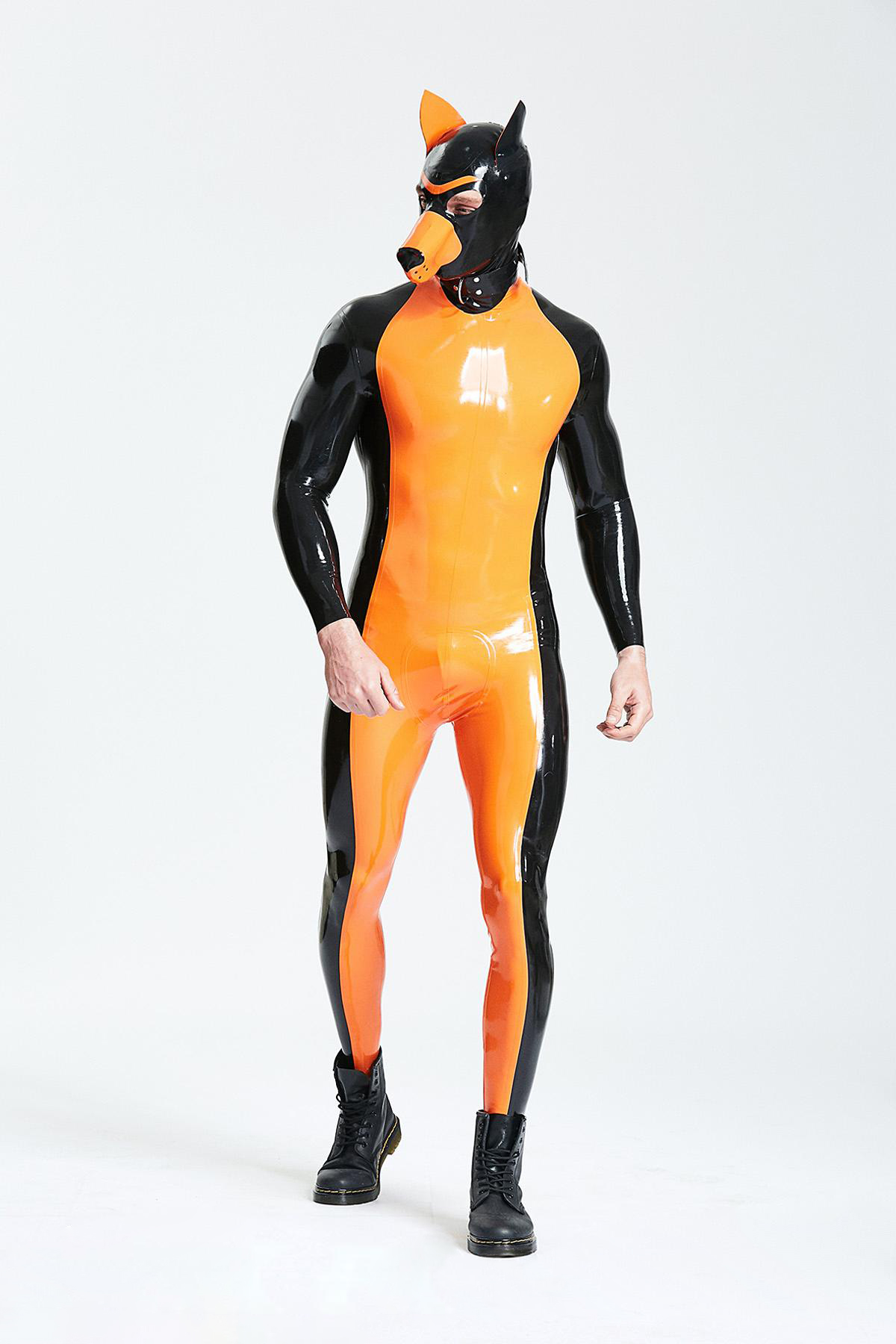 Latex Men’s Two-Colour Catsuit with Front Pouch and Mid-Height Collar – Orange and Black