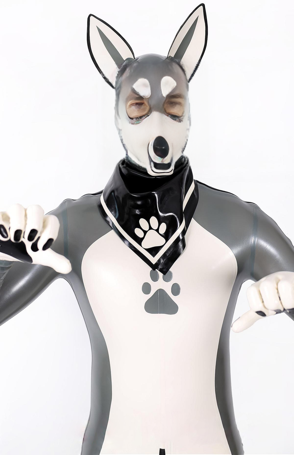 Latex Men’s Pup Play Catsuit – Grey, Cream White and Black