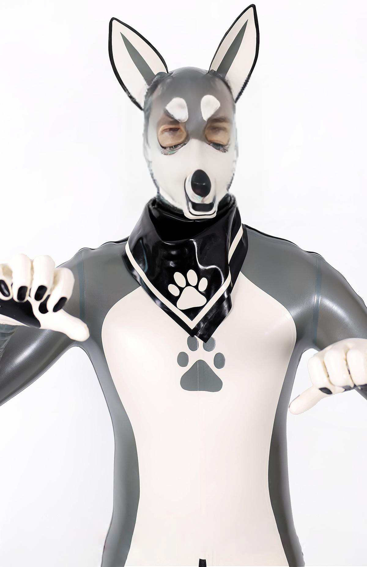 Latex Men’s Pup Play Catsuit – Grey, Cream White and Black