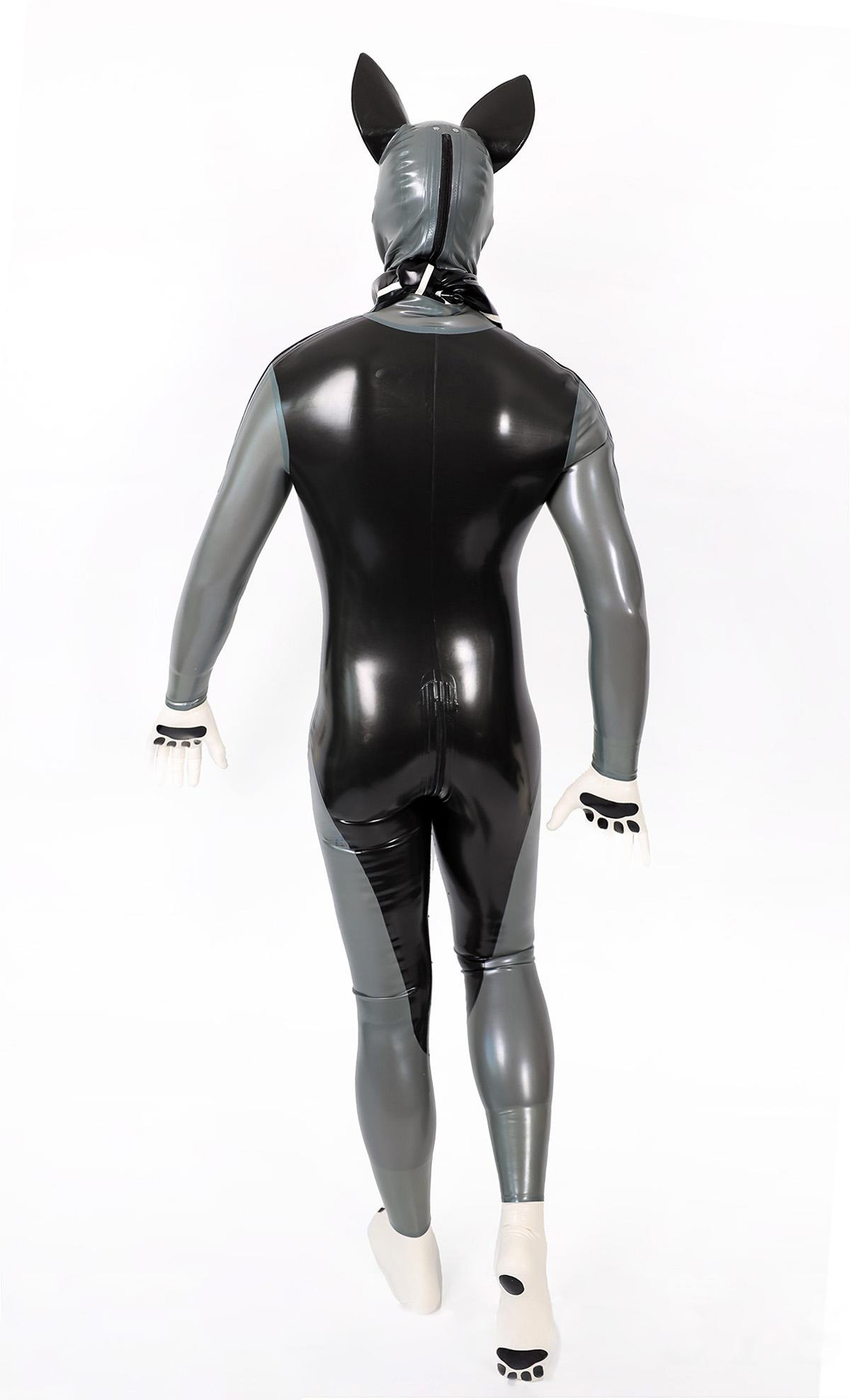 Latex Men’s Pup Play Catsuit – Grey, Cream White and Black