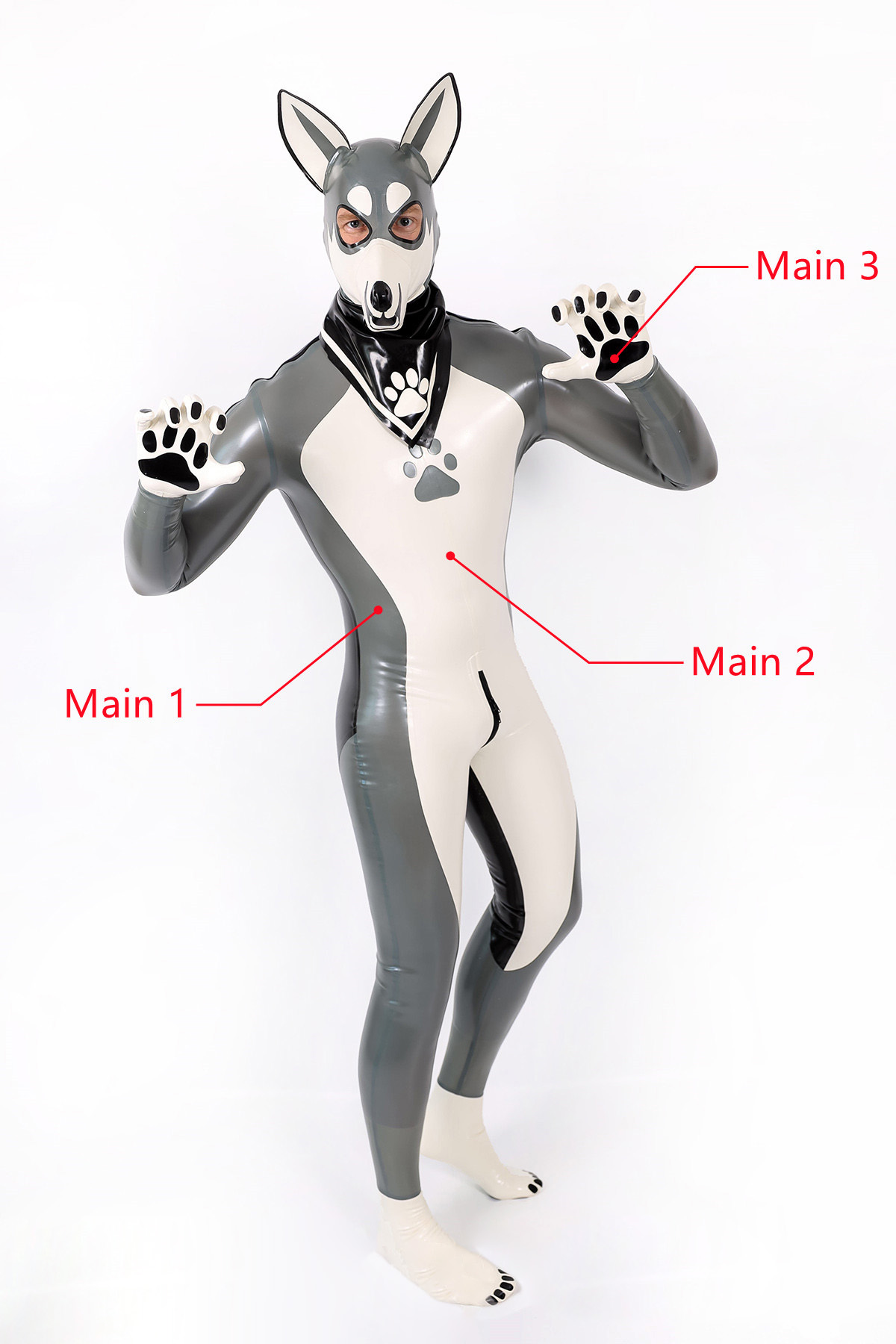 Latex Men’s Pup Play Catsuit – Grey, Cream White and Black