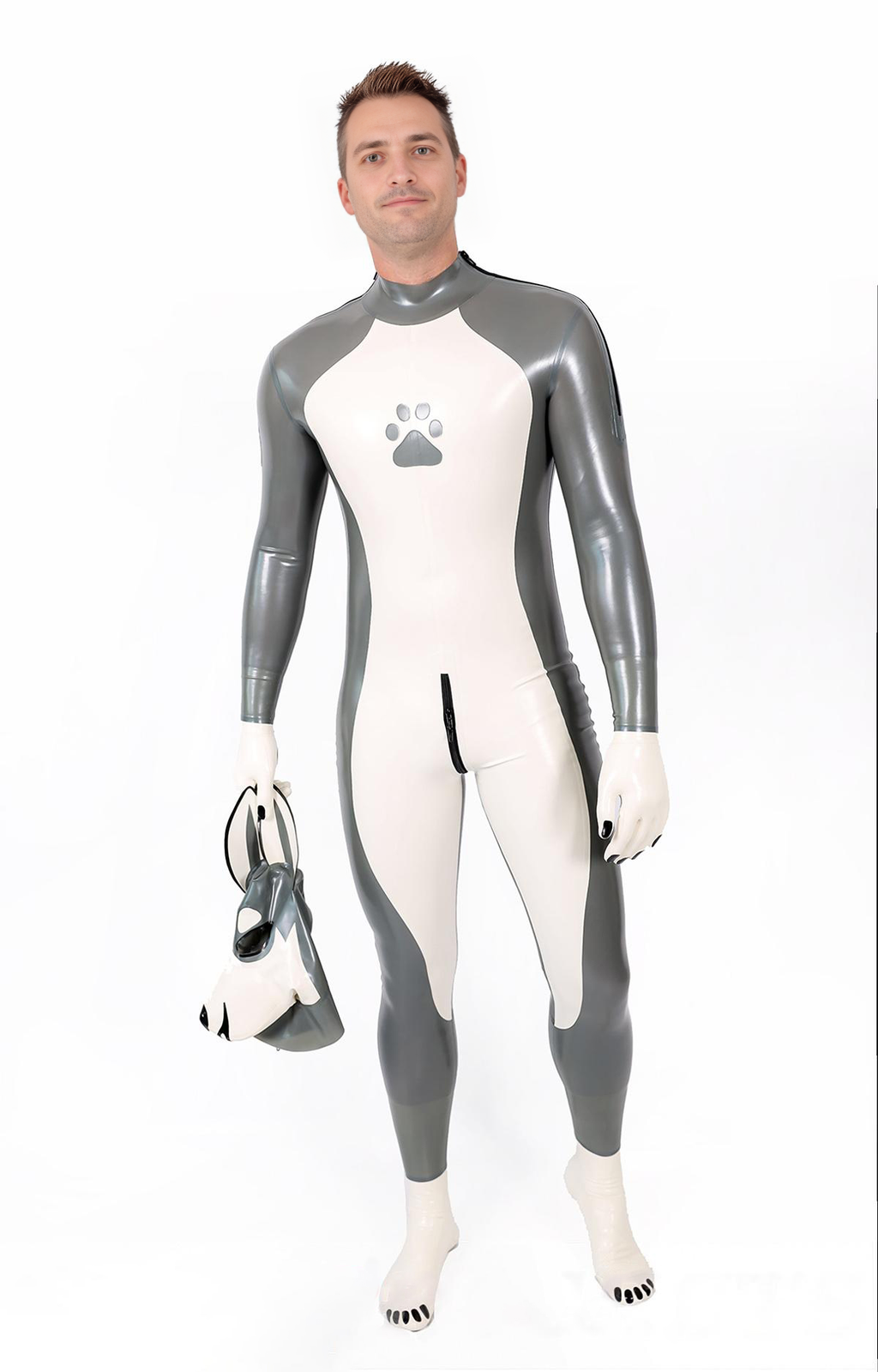 Latex Men’s Pup Play Catsuit – Grey, Cream White and Black