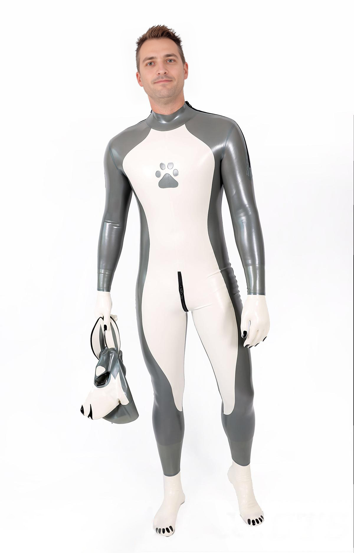 Latex Men’s Pup Play Catsuit – Grey, Cream White and Black