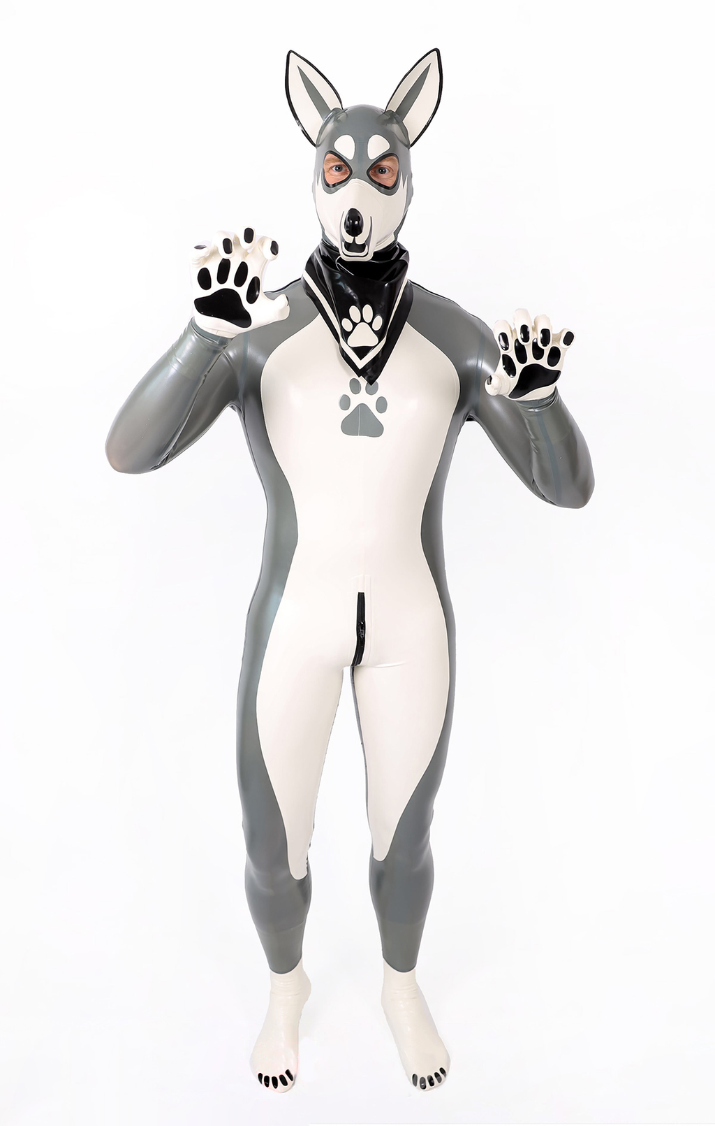 Latex Men’s Pup Play Catsuit – Grey, Cream White and Black